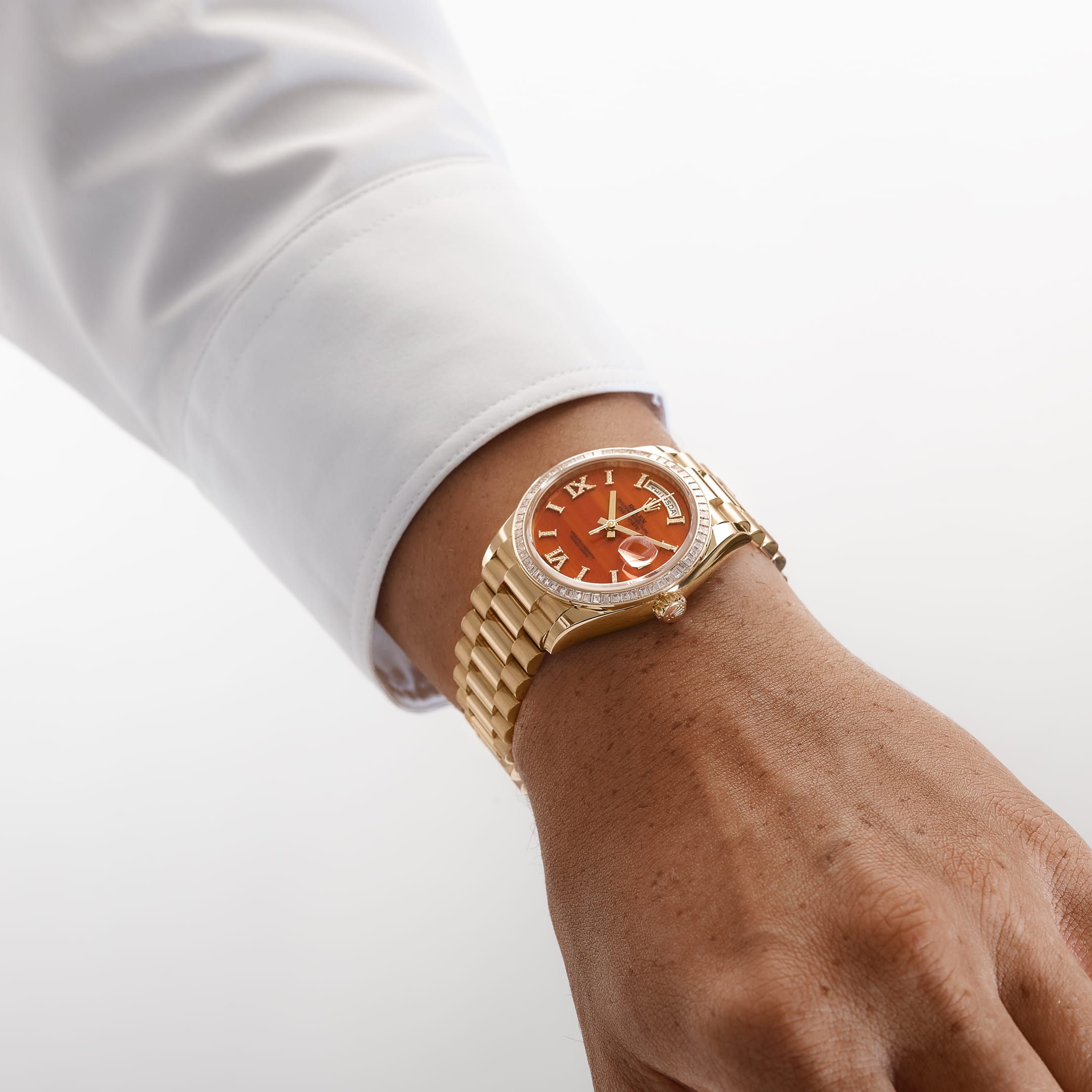 Rolex Day-Date 36 128398TBR Yellow Gold Carnelian Diamond Dial Diamond Bezel President (2025)
