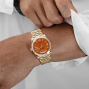 Rolex Day-Date 36 128398TBR Yellow Gold Carnelian Diamond Dial Diamond Bezel President (2025)