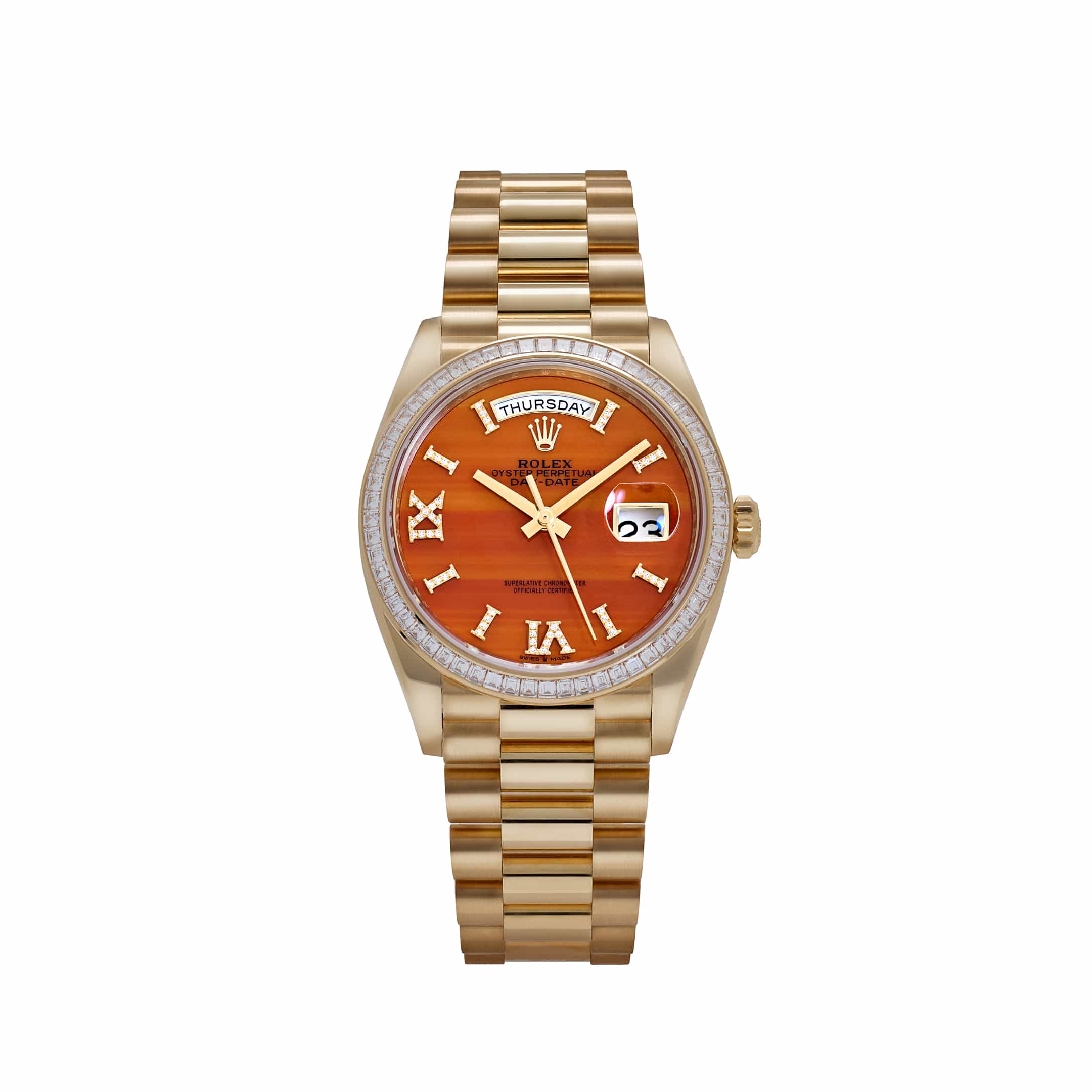 Rolex Day-Date 36 128398TBR Yellow Gold Carnelian Diamond Dial Diamond Bezel President (2025)