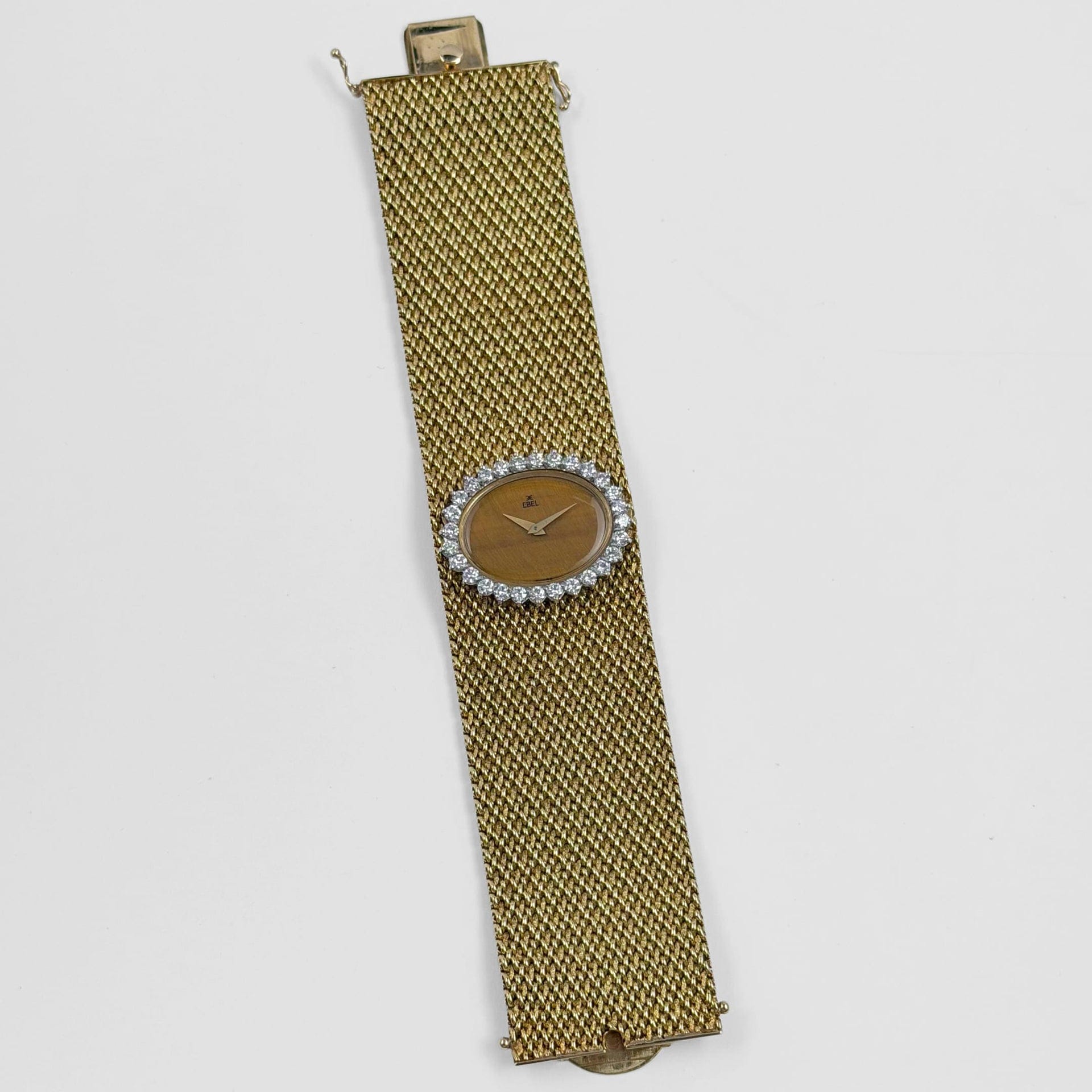 Ebel Vintage Bracelet Watch Yellow Gold Tiger Eye Stone Dial Diamond Bezel