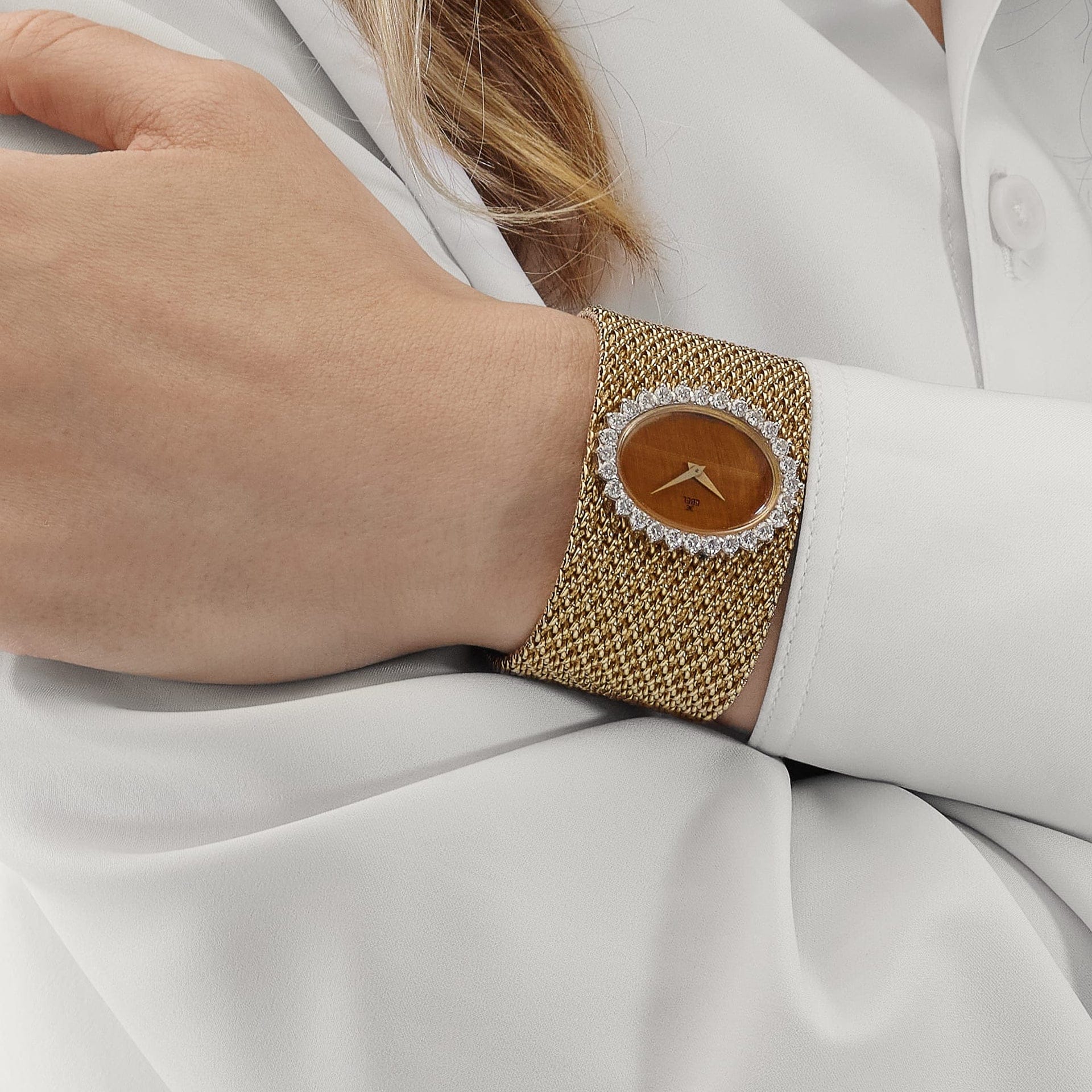Ebel Vintage Bracelet Watch Yellow Gold Tiger Eye Stone Dial Diamond Bezel