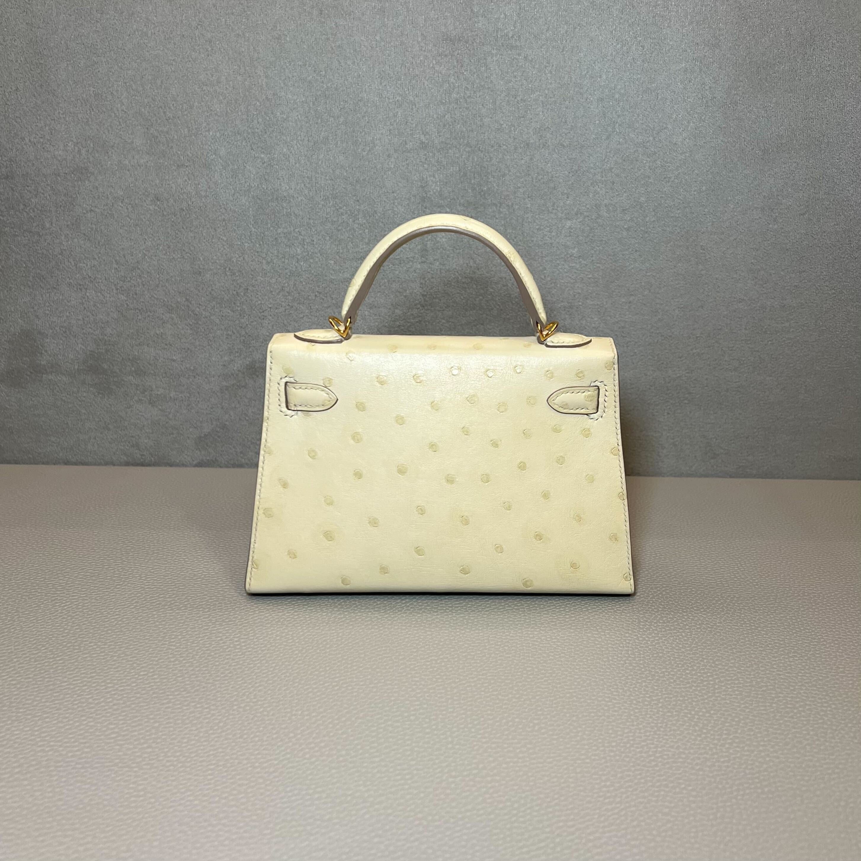 Hermès Beton / Craie Mini Kelly Sellier 20 Ostrich Gold Hardware