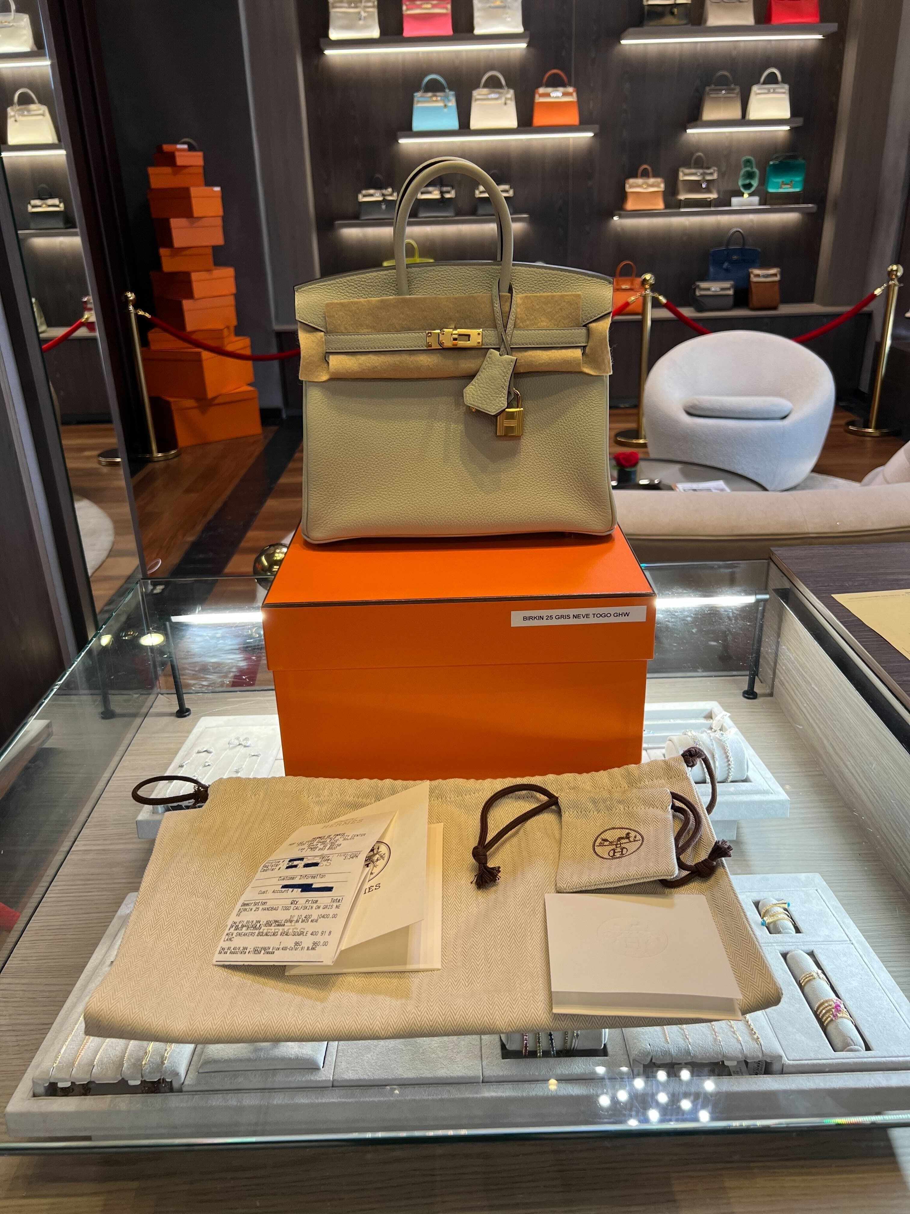 Hermes Birkin 25 Gris Neve Togo Calfskin  Gold Hardware Wrist Aficionado