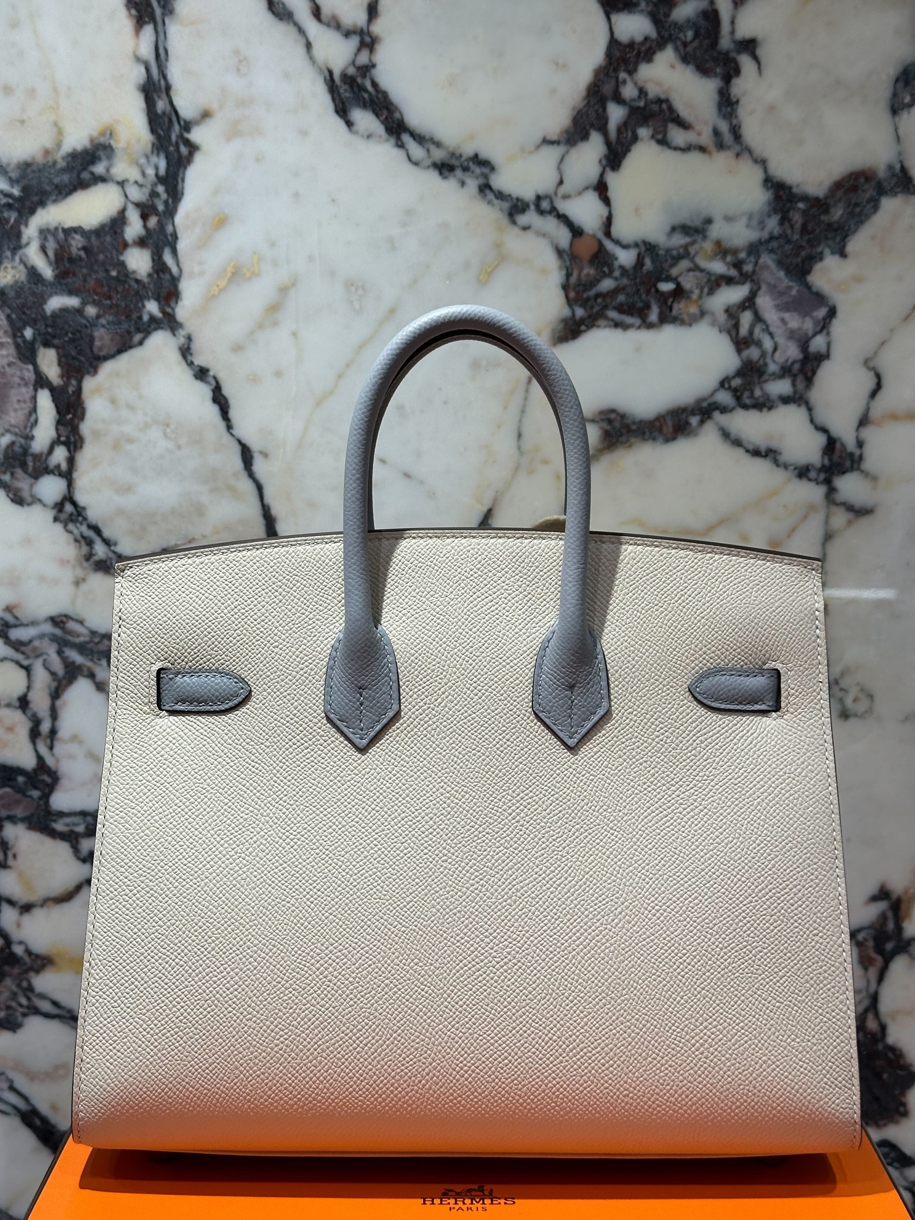 Hermès Birkin Sellier 25 Epsom Perso Craie and Bleu Glacier Special Order Palladium Hardware