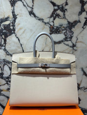 Hermès Birkin Sellier 25 Epsom Perso Craie and Bleu Glacier Special Order Palladium Hardware