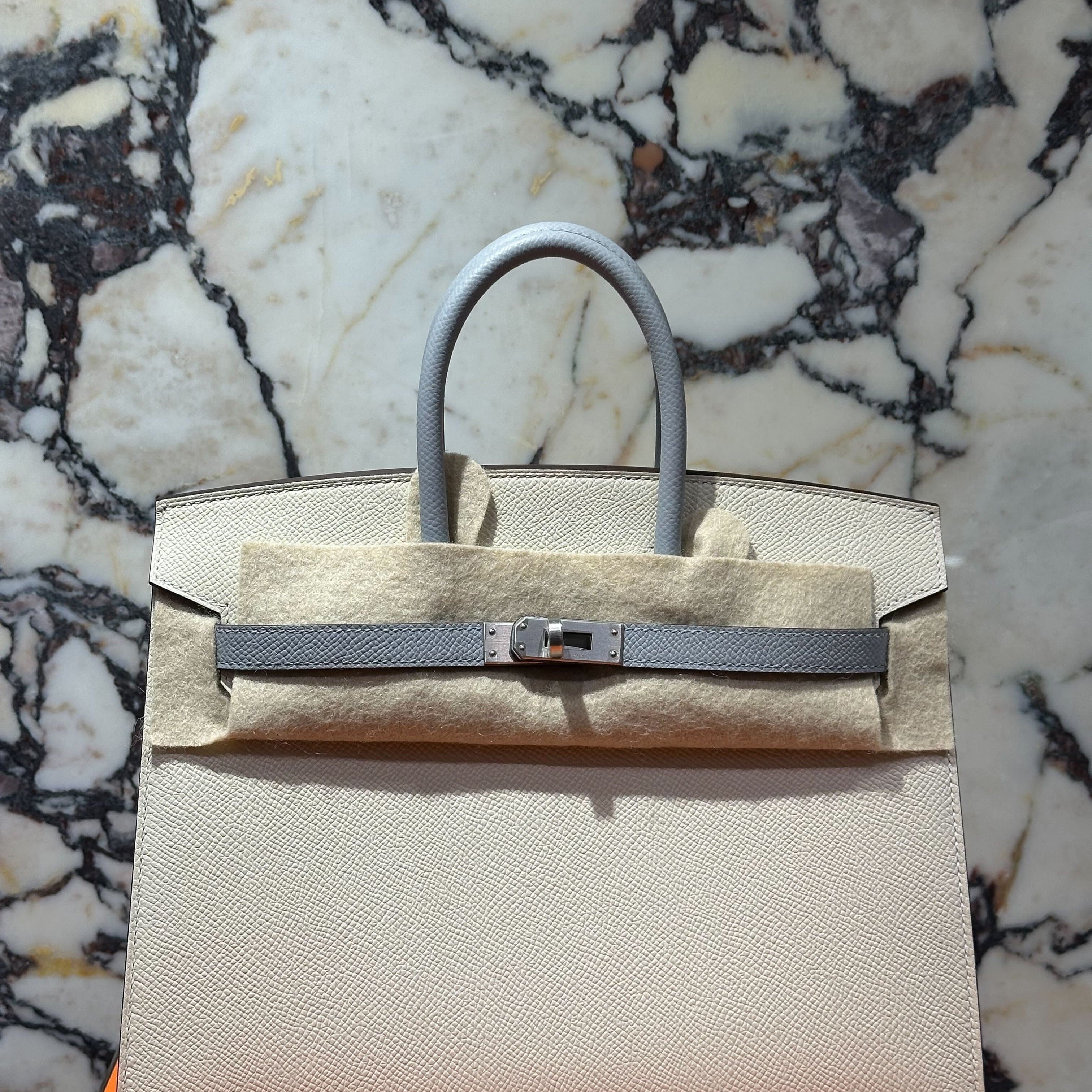 Hermès Birkin Sellier 25 Epsom Perso Craie and Bleu Glacier Special Order Palladium Hardware