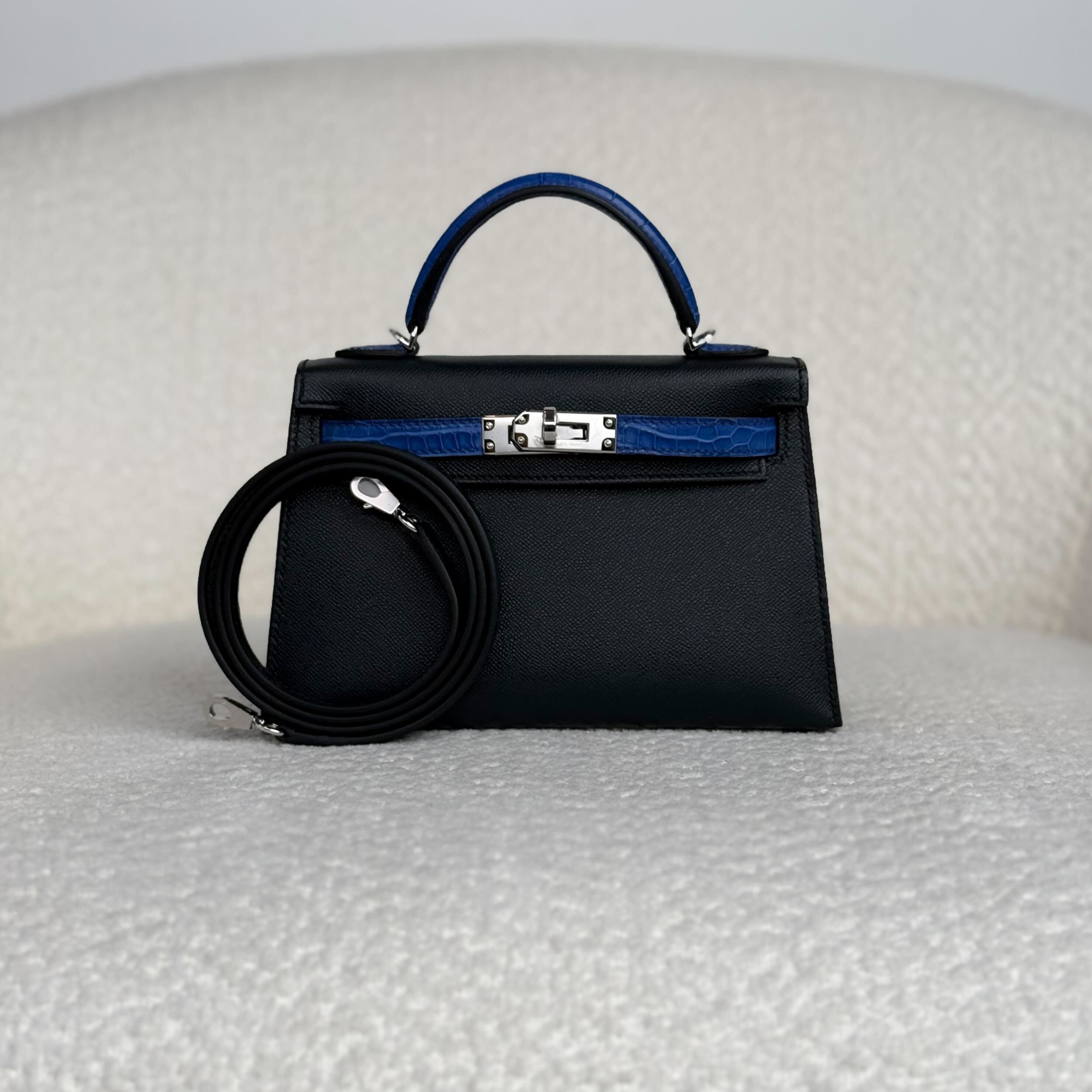 Hermès Bleu De Minu and Bleu Electrique Mini Kelly Sellier 20 Madame Touch Alligator Mississippi Palladium Hardware