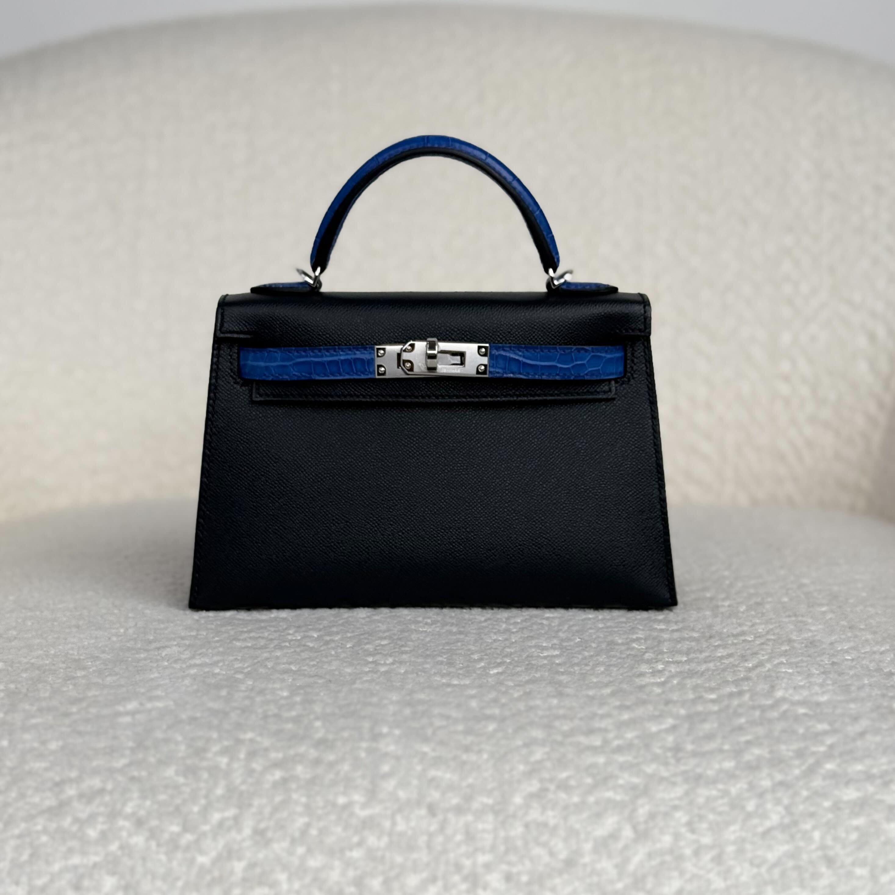 Hermès Bleu De Minu and Bleu Electrique Mini Kelly Sellier 20 Madame Touch Alligator Mississippi Palladium Hardware