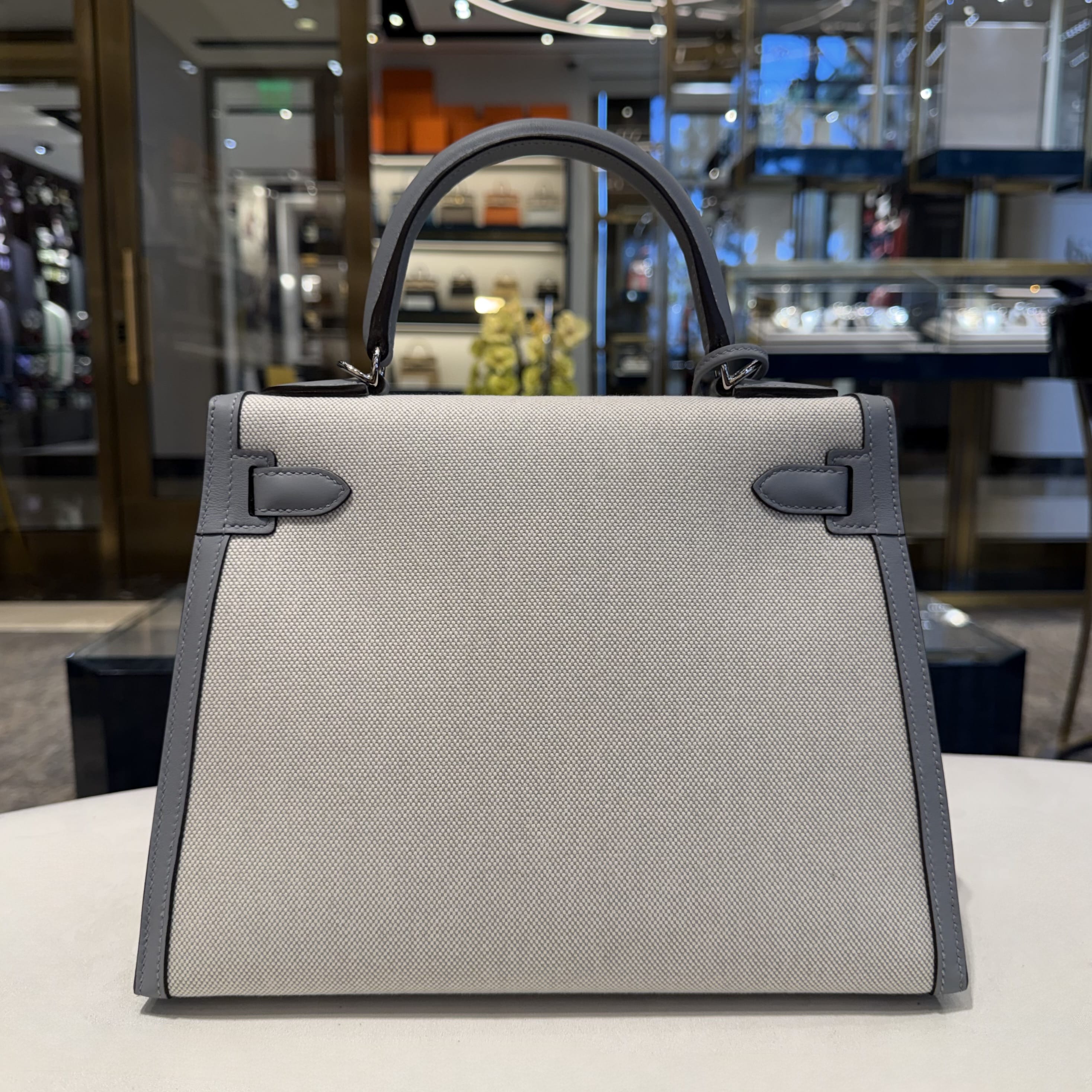 Hermès Bleu Glacier and Gris Pantin Kelly Sellier 28 Toile / Swift Palladium Hardware