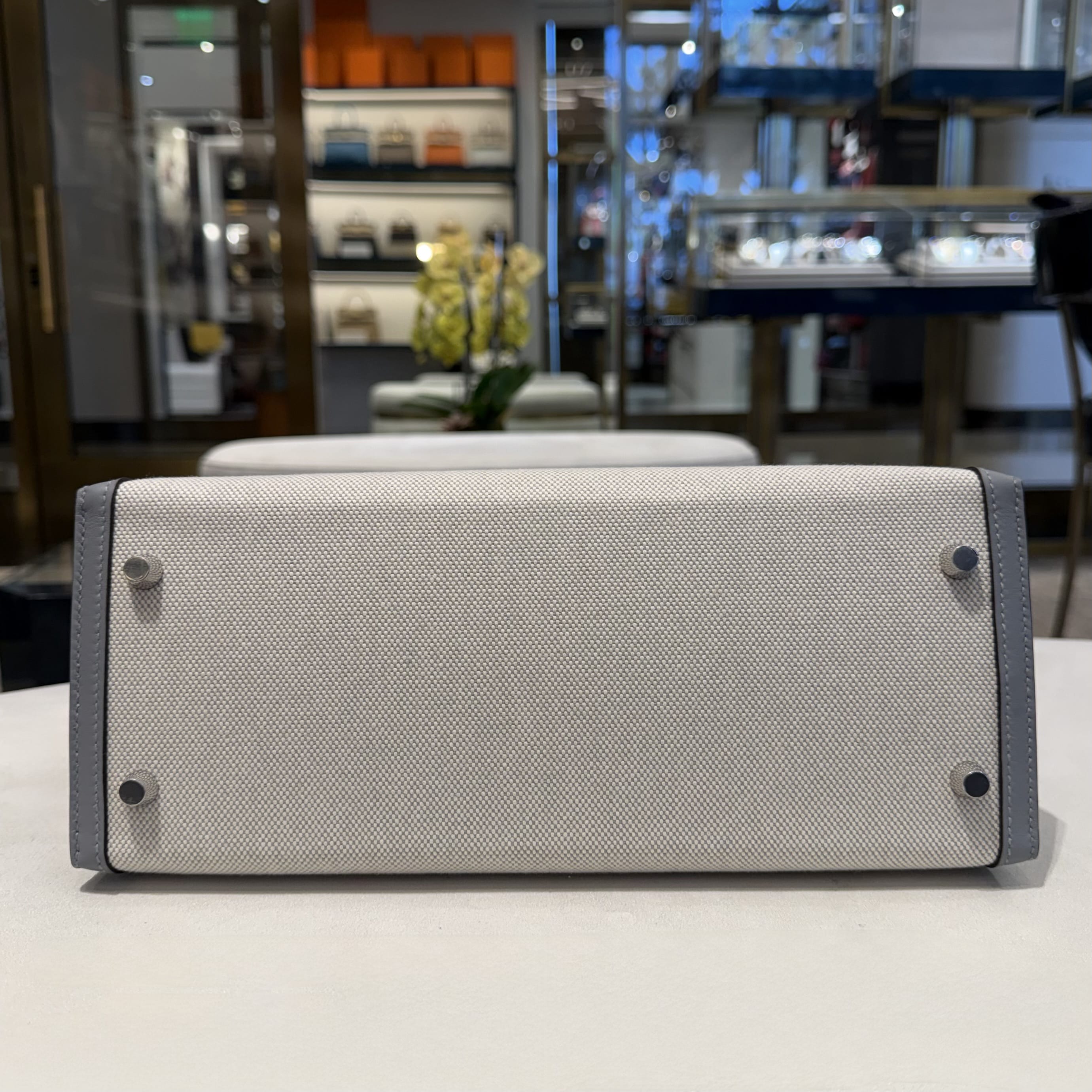 Hermès Bleu Glacier and Gris Pantin Kelly Sellier 28 Toile / Swift Palladium Hardware