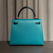 Hermès Blue Paon and Noir Kelly Sellier 25 Chevre Mysore Gold Hardware HSS