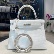 Hermès Chantilly Crème Kelly Retourne 25 Matte Crocodile Porosus Palladium Hardware