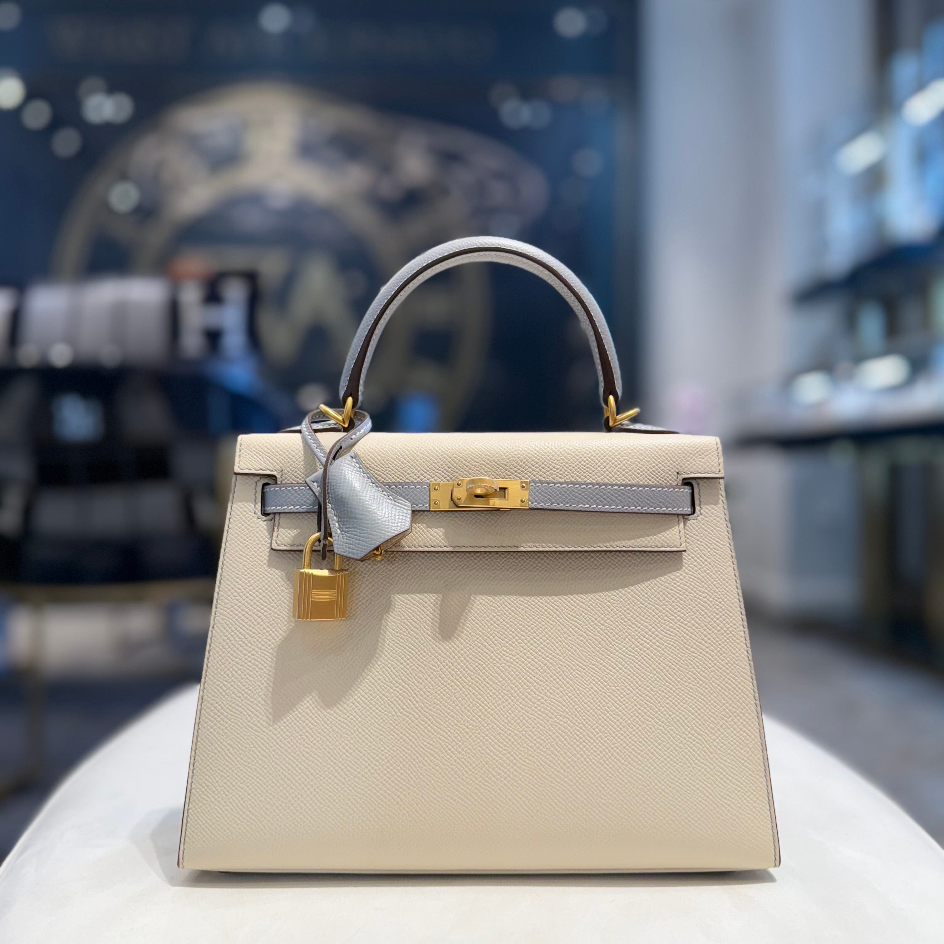 Hermès Craie and Bleu Glacier Kelly 25 Epsom Brushed Gold Hardware
