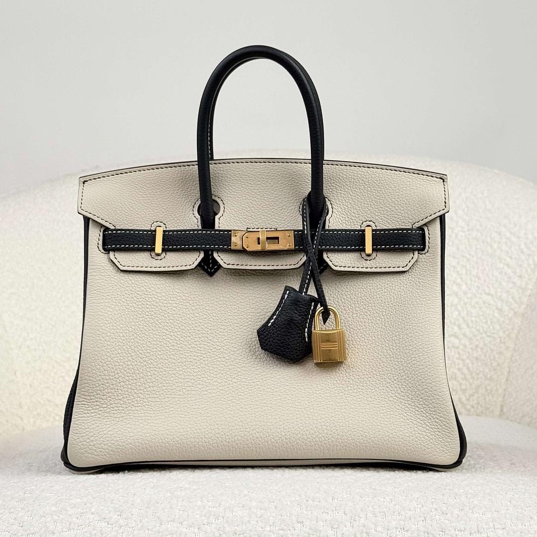 Hermès Craie and Noir Birkin 25 Togo Brushed Gold Hardware HSS