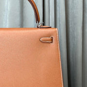 Hermès Gold and Bleu Petrole Kelly 25 Sellier Verso Madame Calfskin Palladium Hardware