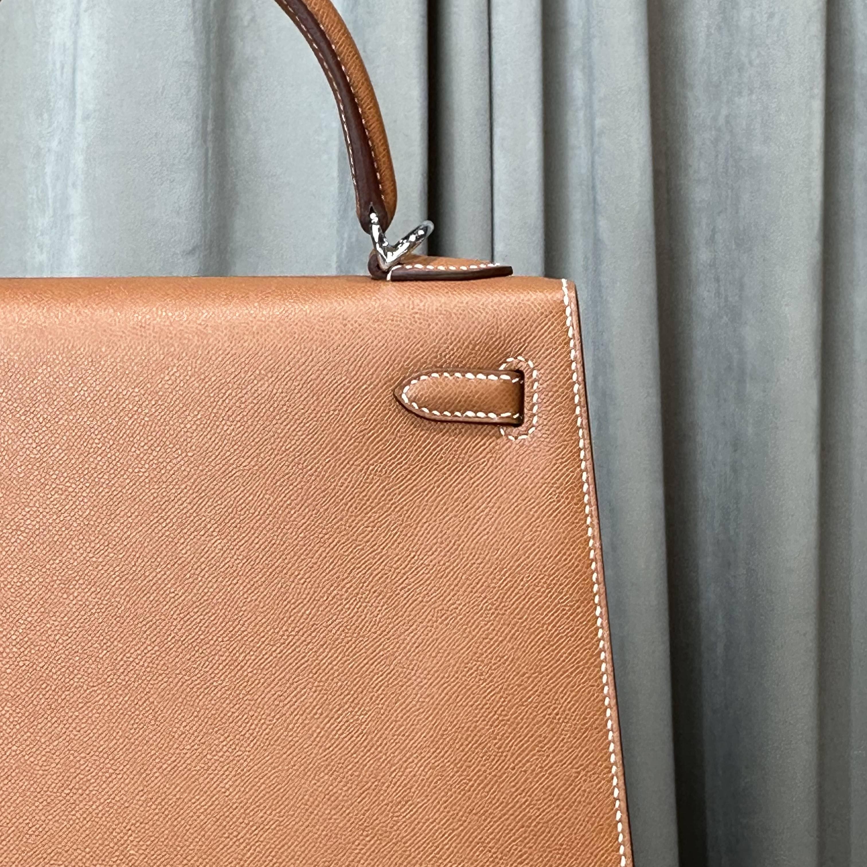 Hermès Gold and Bleu Petrole Kelly 25 Sellier Verso Madame Calfskin Palladium Hardware