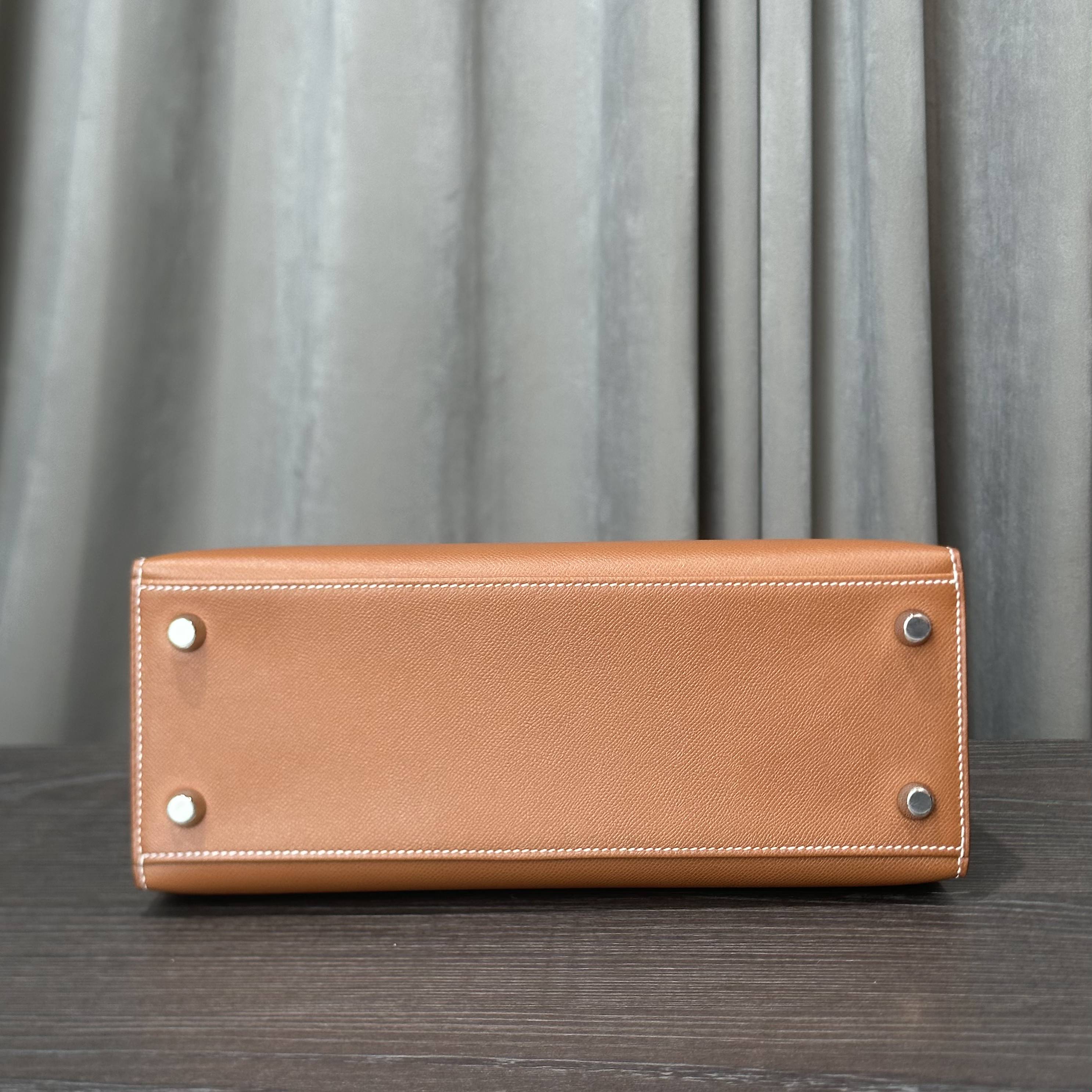 Hermès Gold and Bleu Petrole Kelly 25 Sellier Verso Madame Calfskin Palladium Hardware