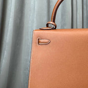 Hermès Gold and Bleu Petrole Kelly 25 Sellier Verso Madame Calfskin Palladium Hardware