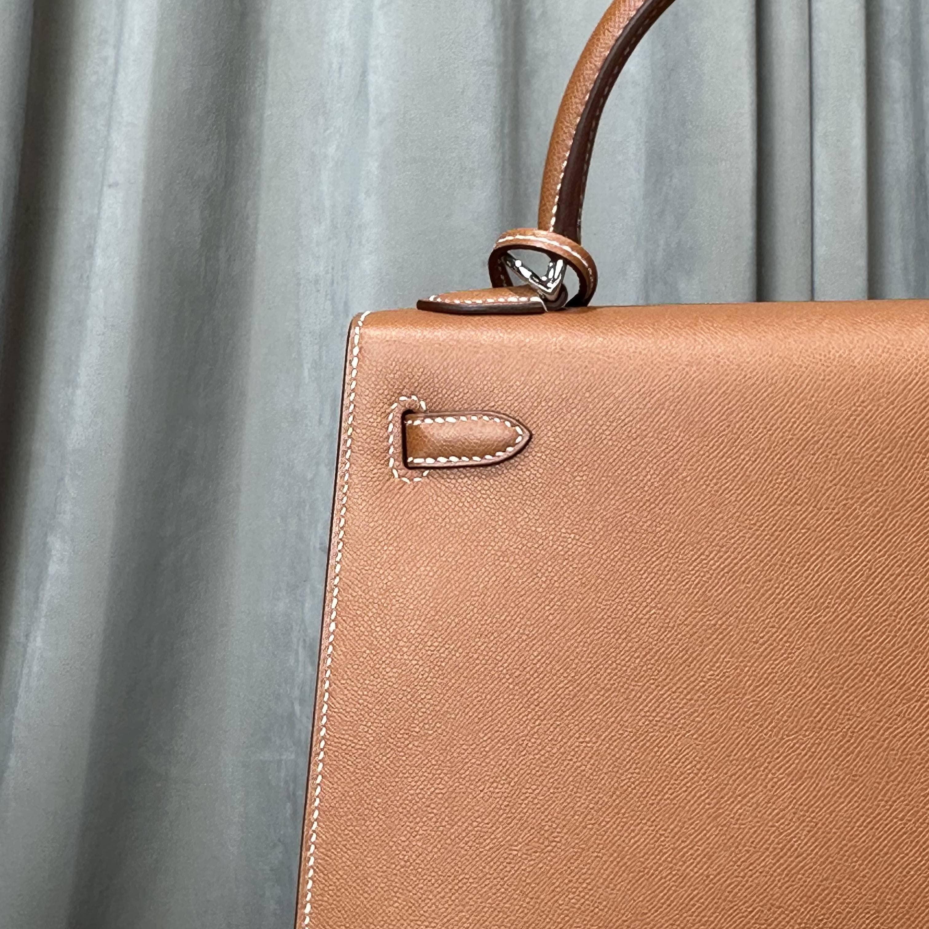 Hermès Gold and Bleu Petrole Kelly 25 Sellier Verso Madame Calfskin Palladium Hardware
