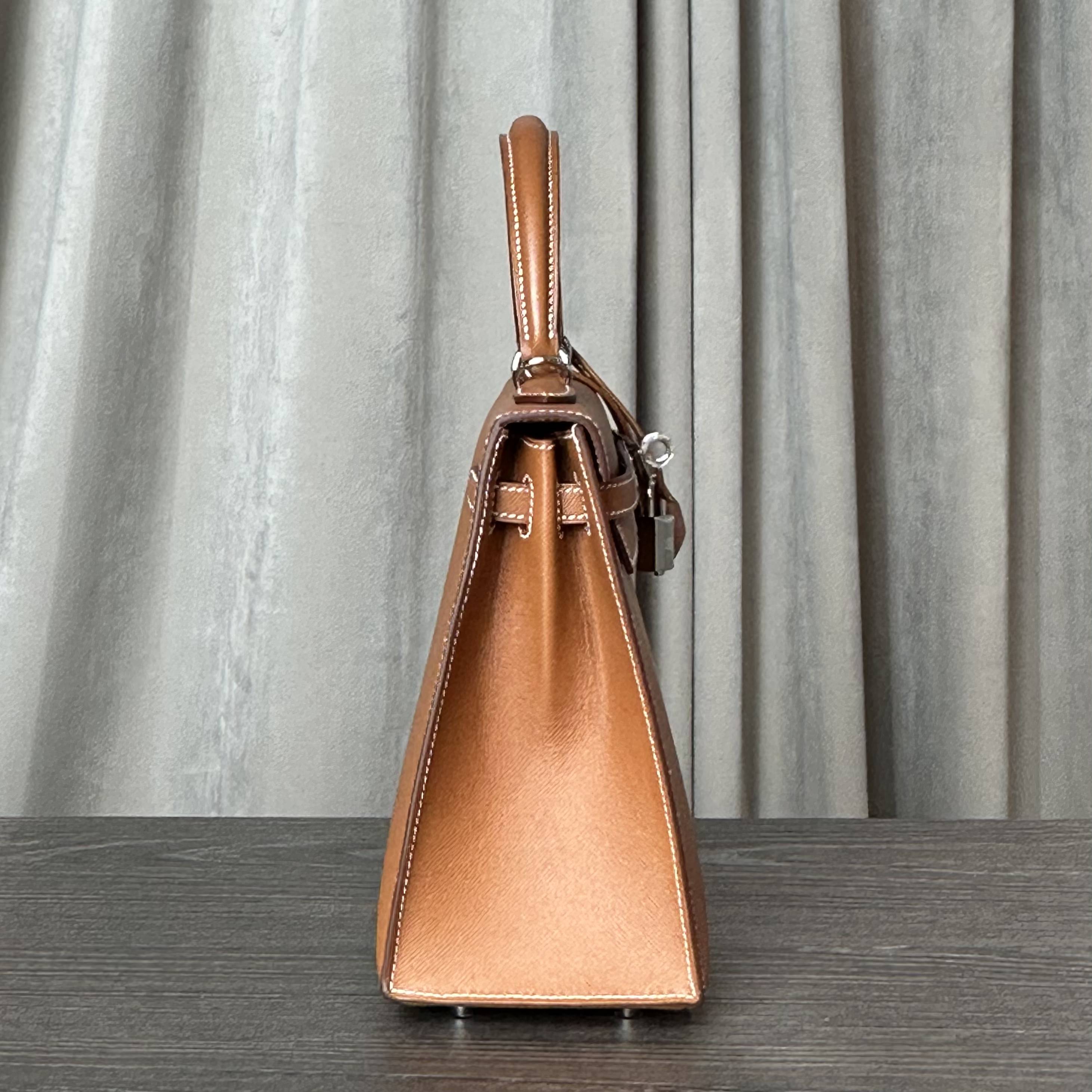 Hermès Gold and Bleu Petrole Kelly 25 Sellier Verso Madame Calfskin Palladium Hardware
