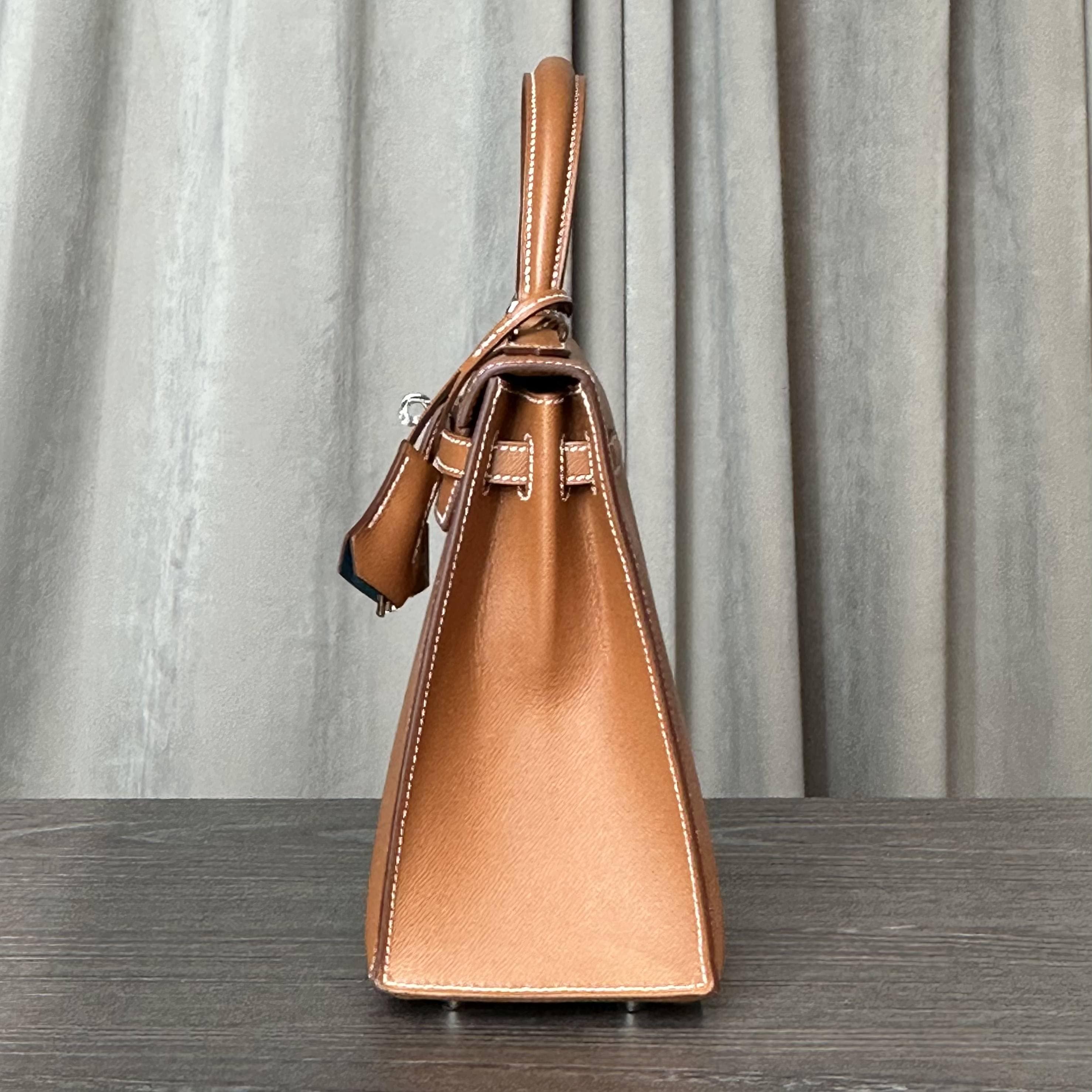 Hermès Gold and Bleu Petrole Kelly 25 Sellier Verso Madame Calfskin Palladium Hardware