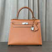Hermès Gold and Bleu Petrole Kelly 25 Sellier Verso Madame Calfskin Palladium Hardware