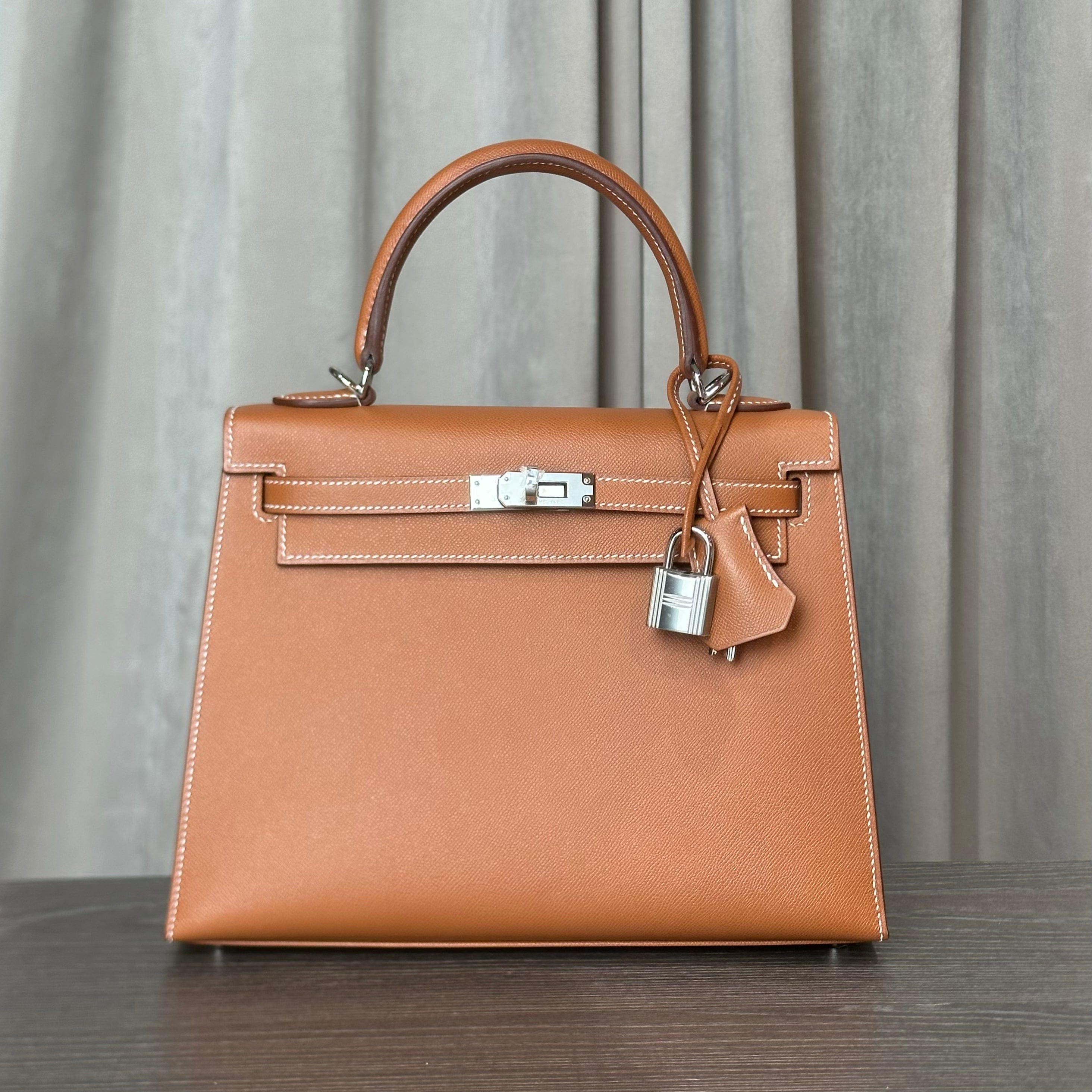Hermès Gold and Bleu Petrole Kelly 25 Sellier Verso Madame Calfskin Palladium Hardware