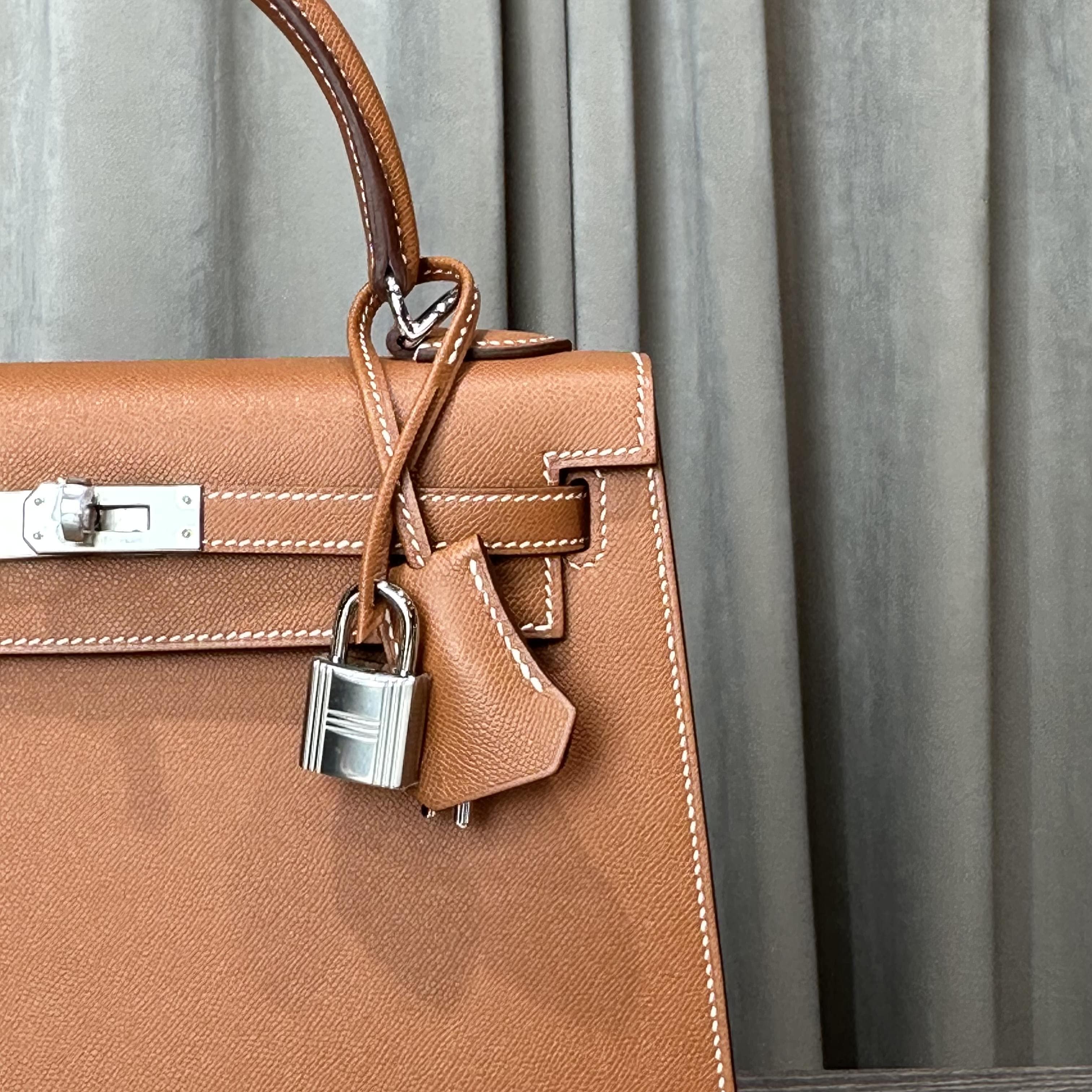 Hermès Gold and Bleu Petrole Kelly 25 Sellier Verso Madame Calfskin Palladium Hardware