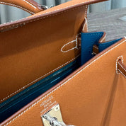 Hermès Gold and Bleu Petrole Kelly 25 Sellier Verso Madame Calfskin Palladium Hardware