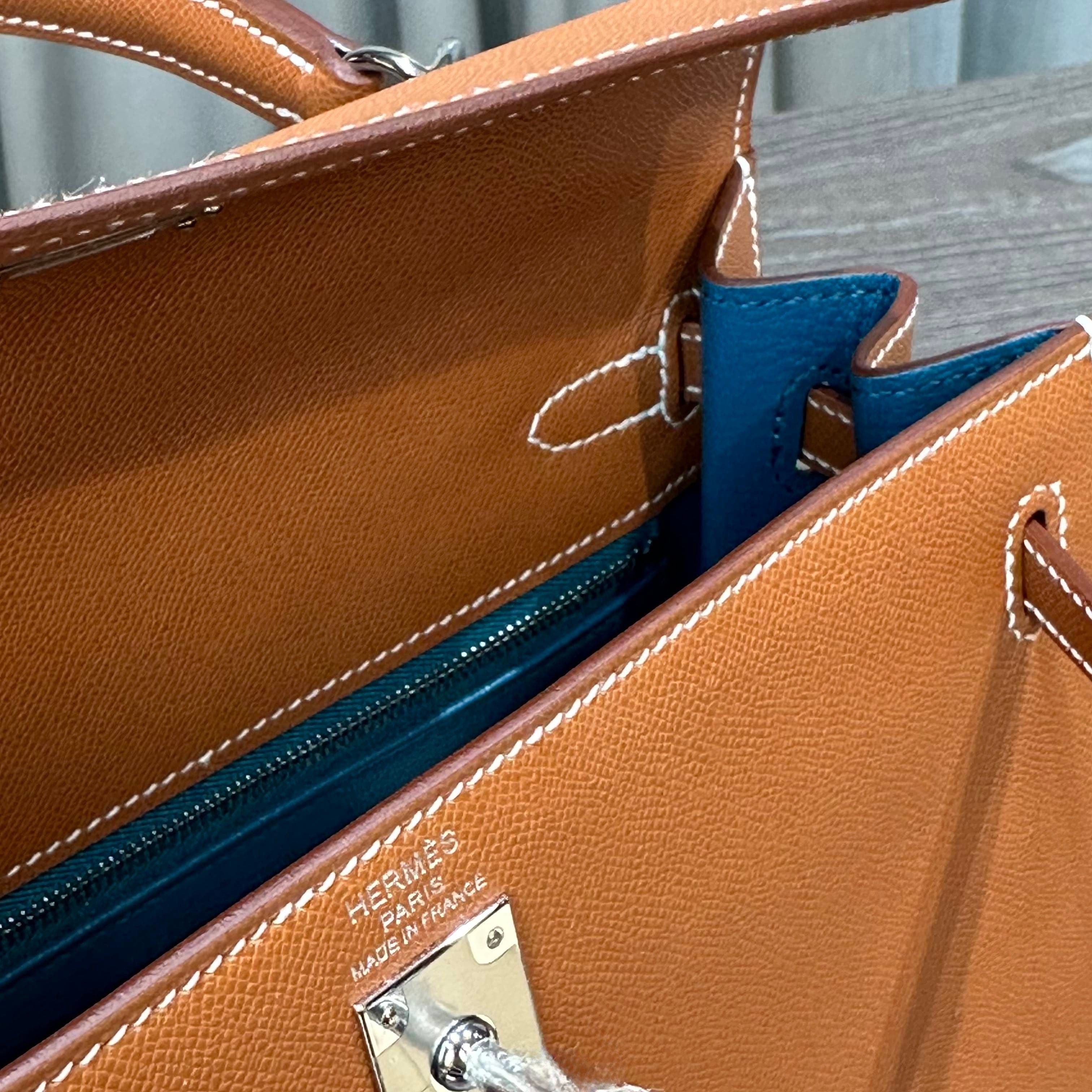 Hermès Gold and Bleu Petrole Kelly 25 Sellier Verso Madame Calfskin Palladium Hardware