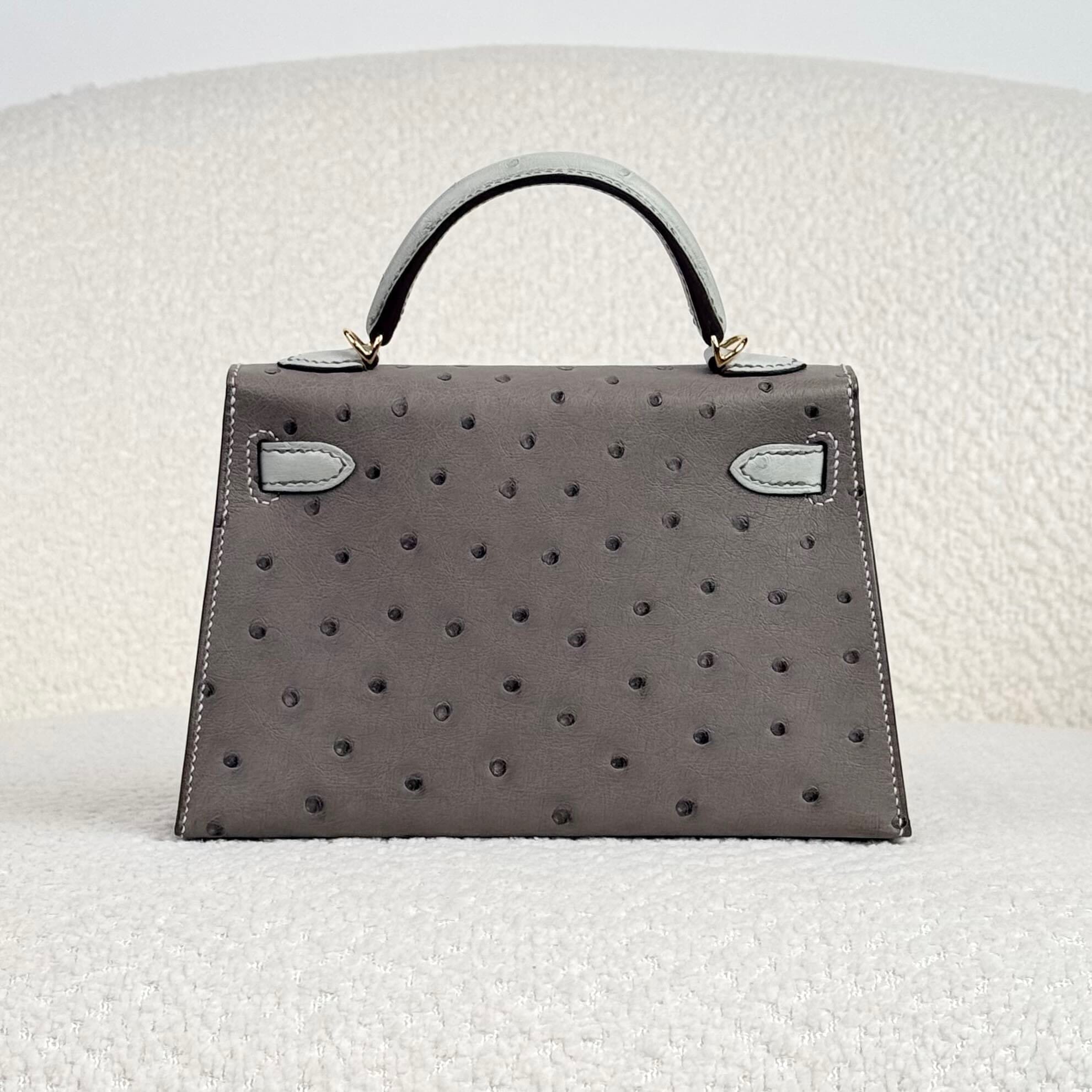 Hermès Gris Meyer and Gris Perle Mini Kelly Sellier 20 Ostrich Gold Hardware HSS