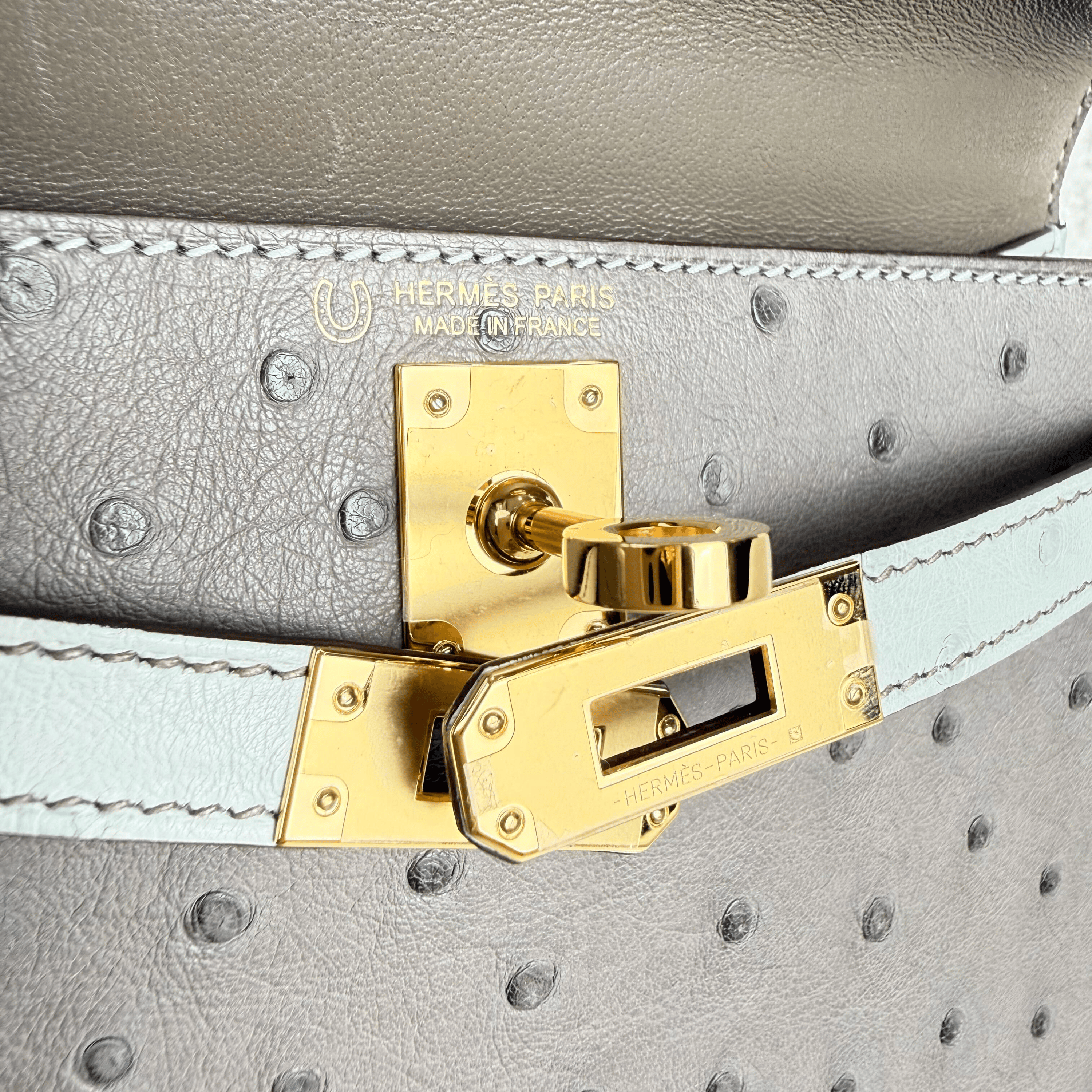 Hermès Gris Meyer and Gris Perle Mini Kelly Sellier 20 Ostrich Gold Hardware HSS