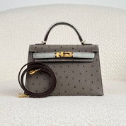 Hermès Gris Meyer and Gris Perle Mini Kelly Sellier 20 Ostrich Gold Hardware HSS
