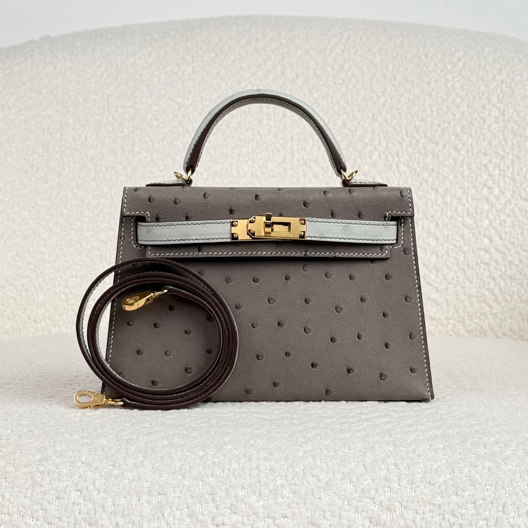 Hermès Gris Meyer and Gris Perle Mini Kelly Sellier 20 Ostrich Gold Hardware HSS
