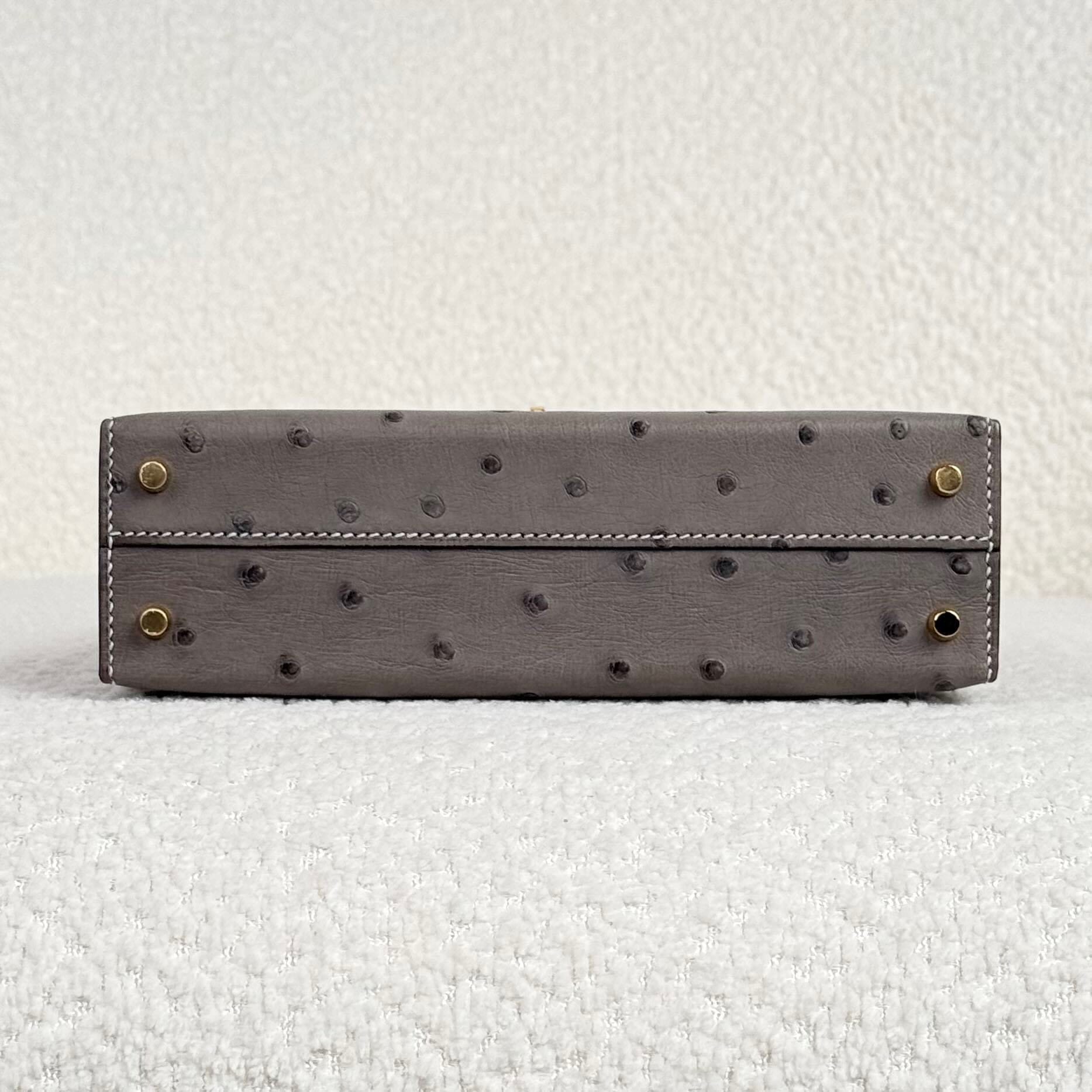 Hermès Gris Meyer and Gris Perle Mini Kelly Sellier 20 Ostrich Gold Hardware HSS