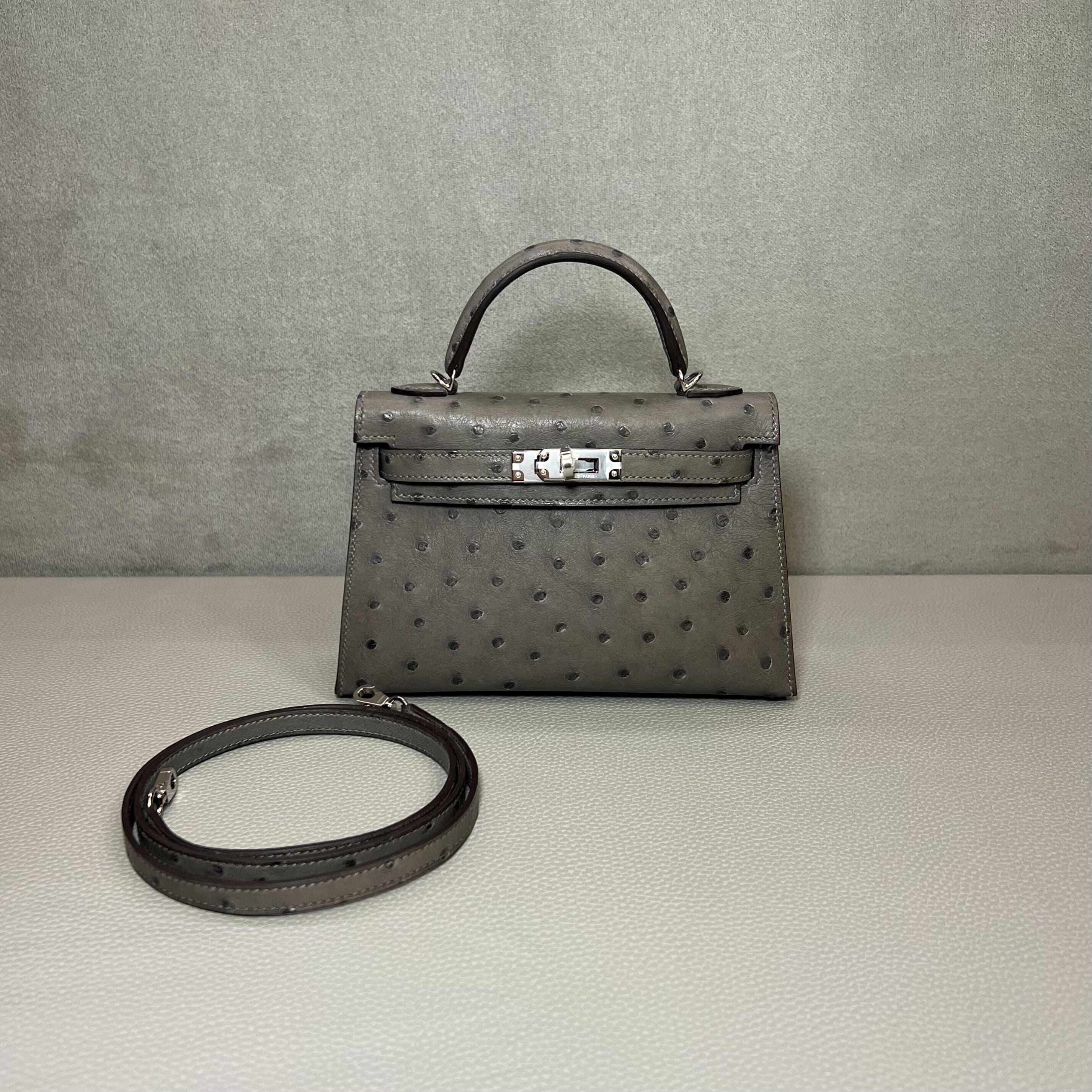 Hermès Gris Meyer Mini Kelly Sellier 20 Ostrich Palladium Hardware