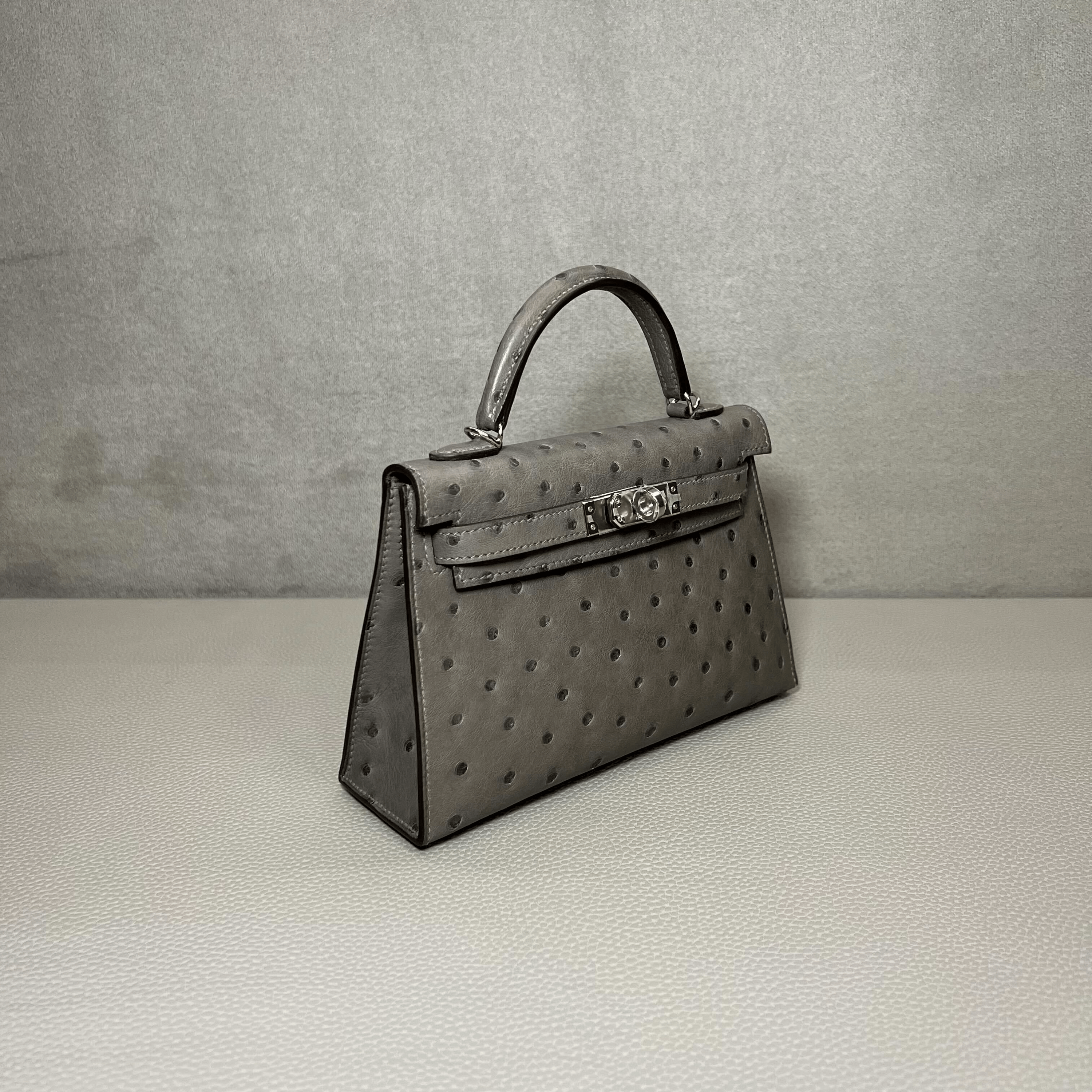 Hermès Gris Meyer Mini Kelly Sellier 20 Ostrich Palladium Hardware