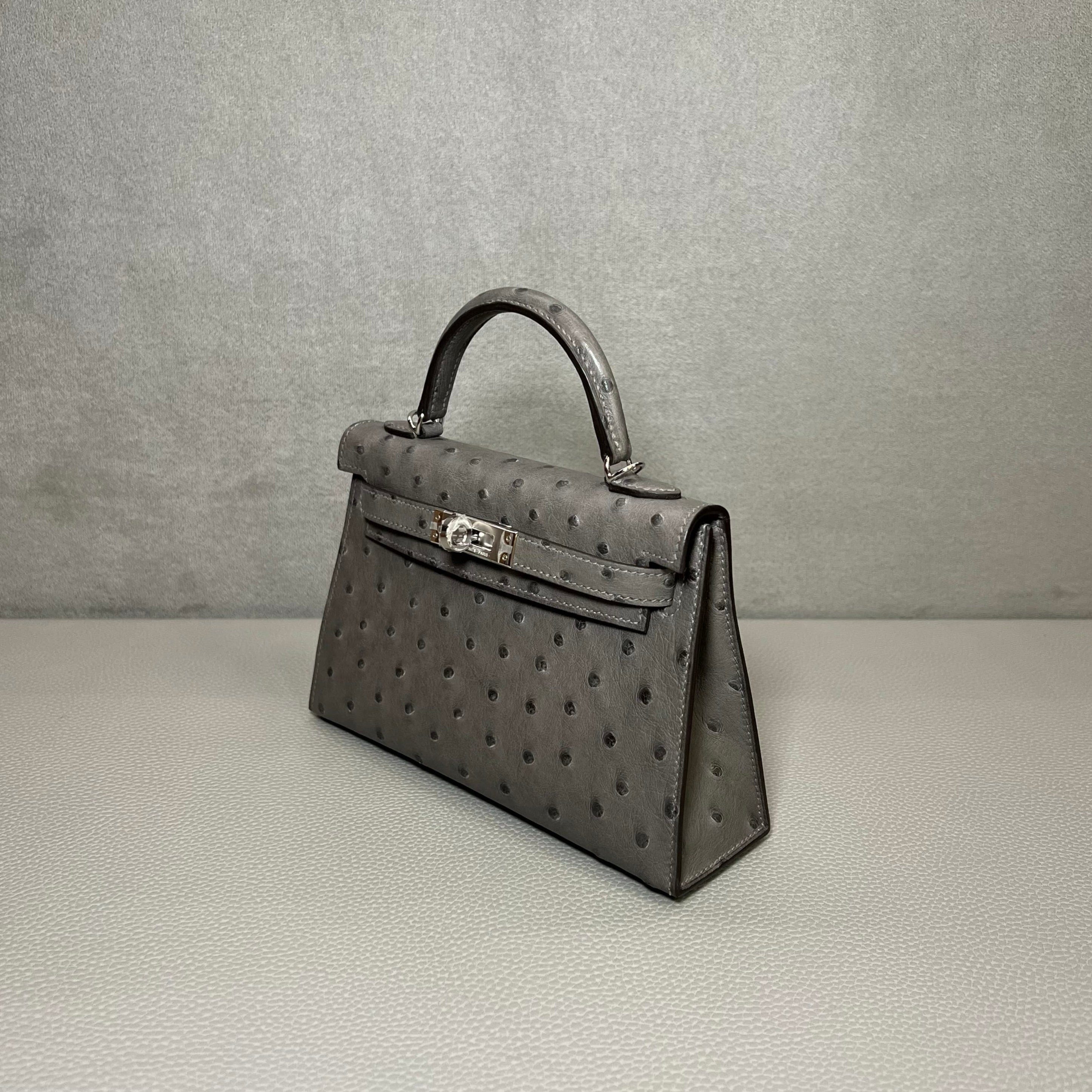 Hermès Gris Meyer Mini Kelly Sellier 20 Ostrich Palladium Hardware