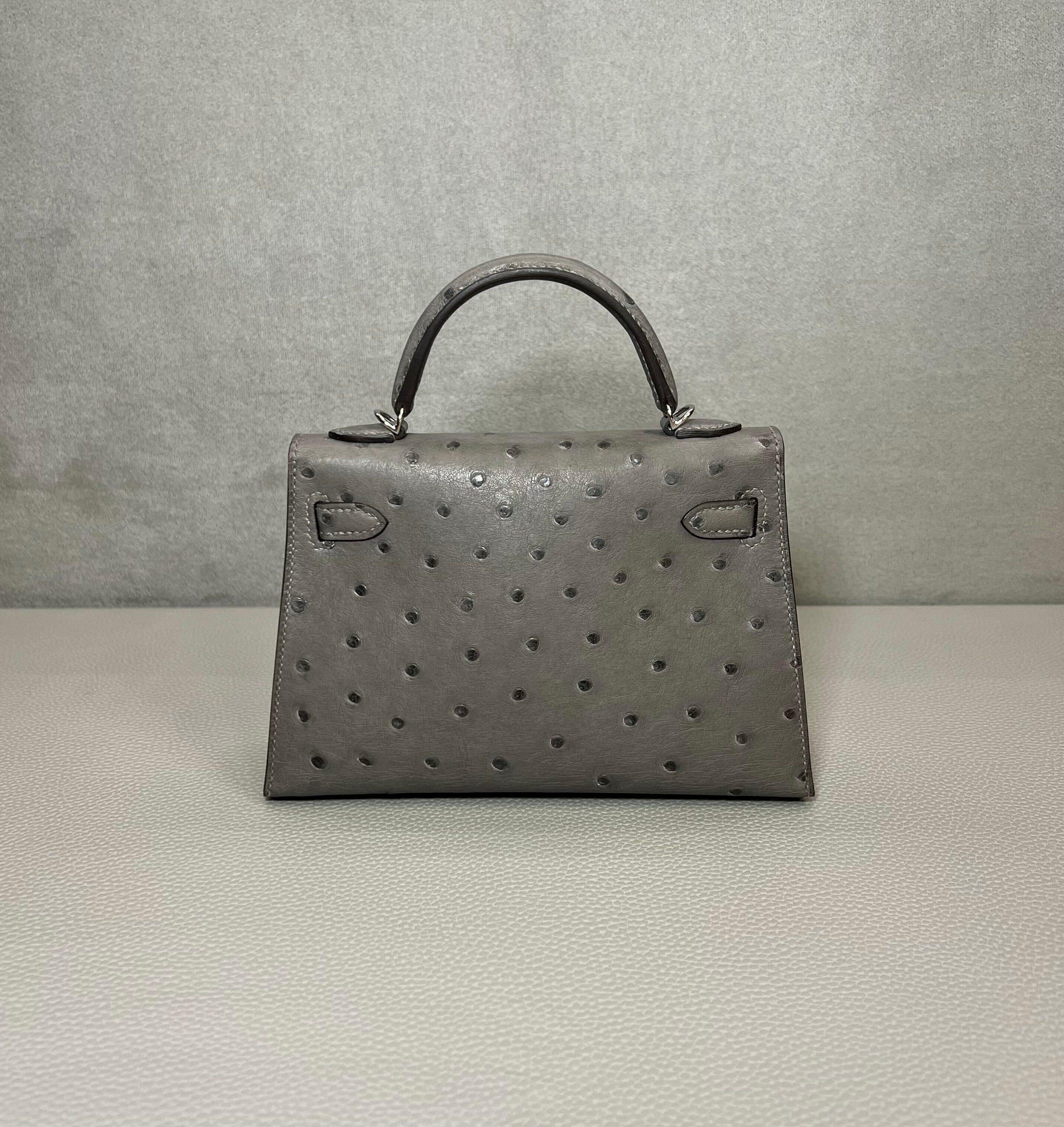 Hermès Gris Meyer Mini Kelly Sellier 20 Ostrich Palladium Hardware