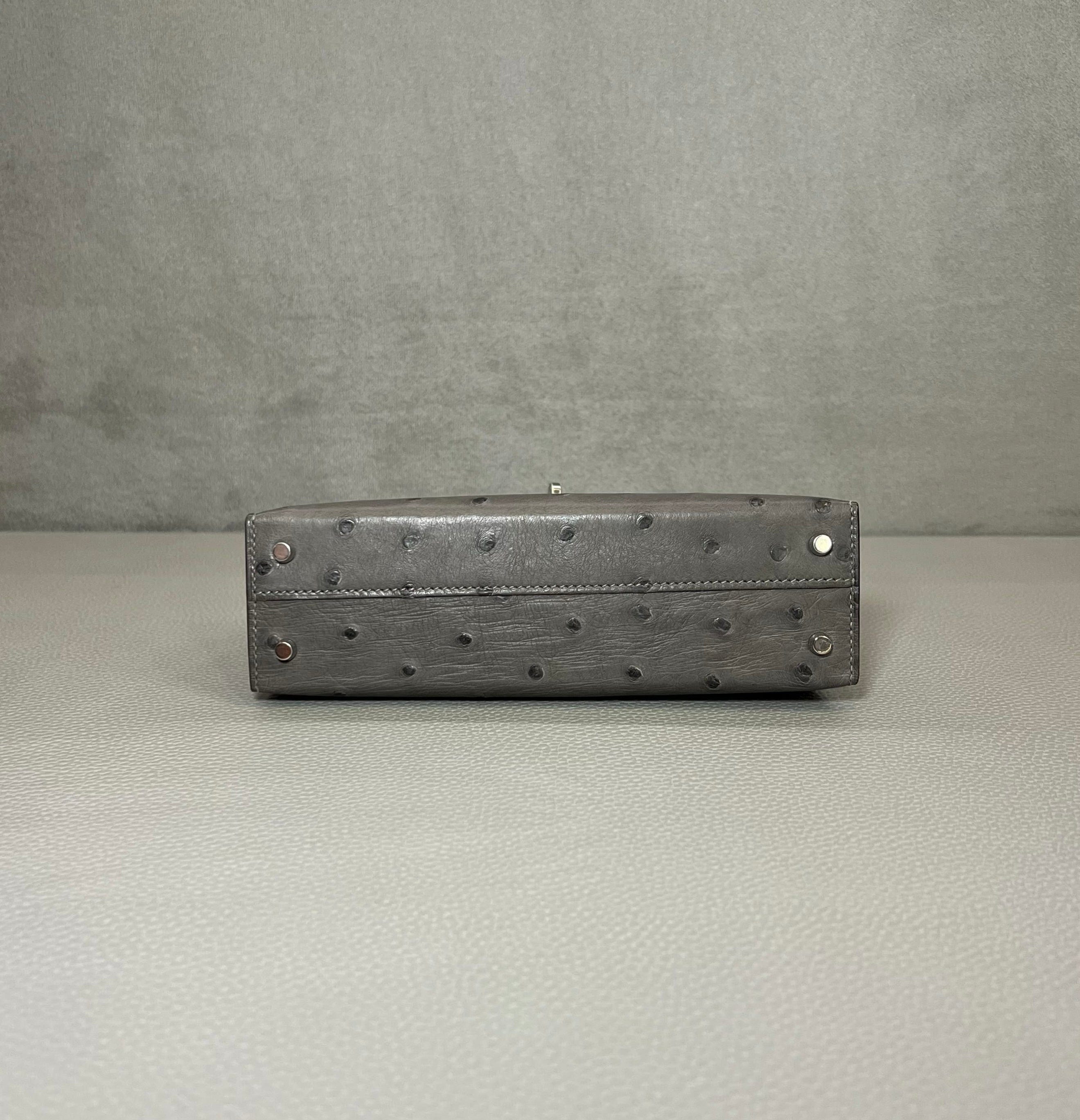 Hermès Gris Meyer Mini Kelly Sellier 20 Ostrich Palladium Hardware