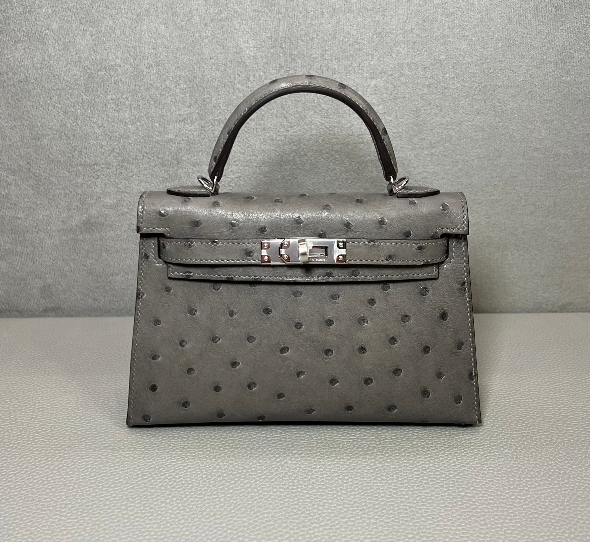 Hermès Gris Meyer Mini Kelly Sellier 20 Ostrich Palladium Hardware
