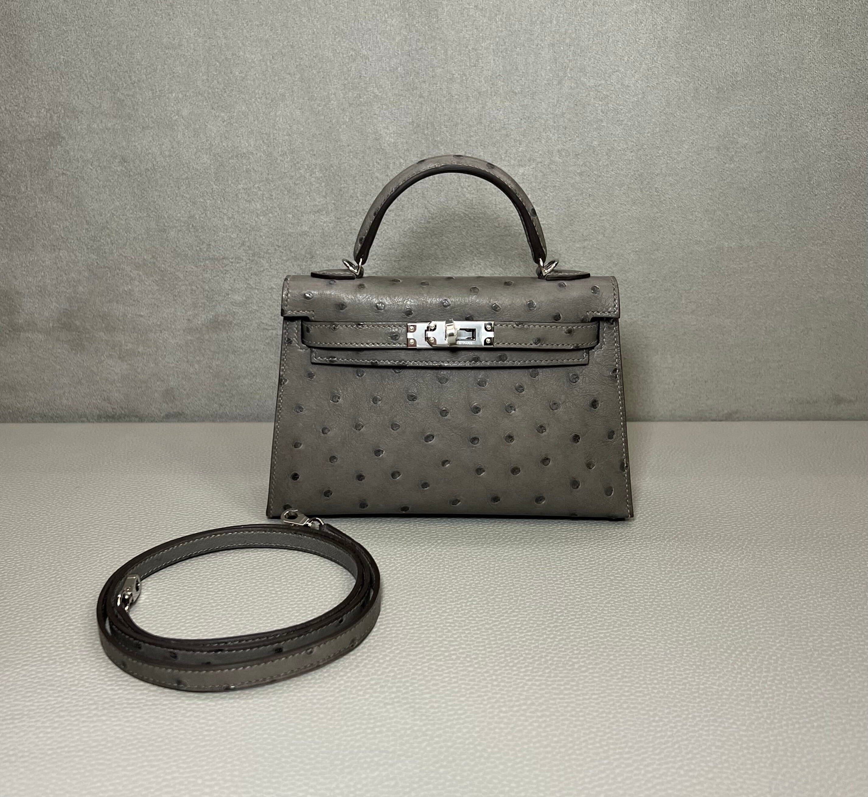 Hermès Gris Meyer Mini Kelly Sellier 20 Ostrich Palladium Hardware