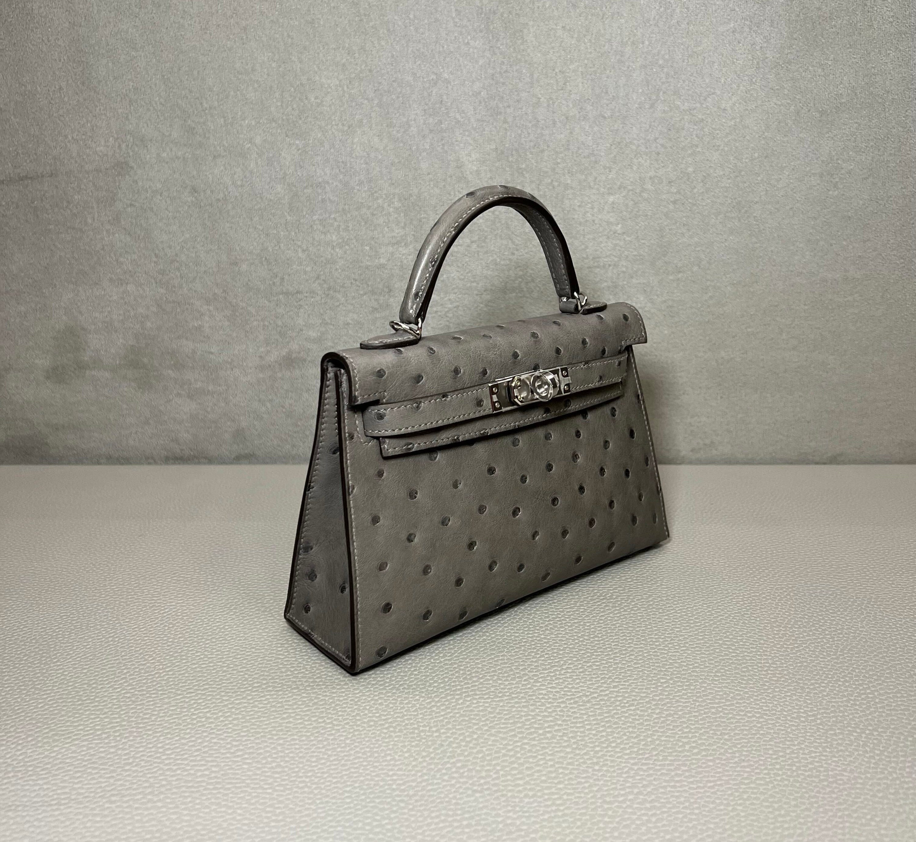 Hermès Gris Meyer Mini Kelly Sellier 20 Ostrich Palladium Hardware