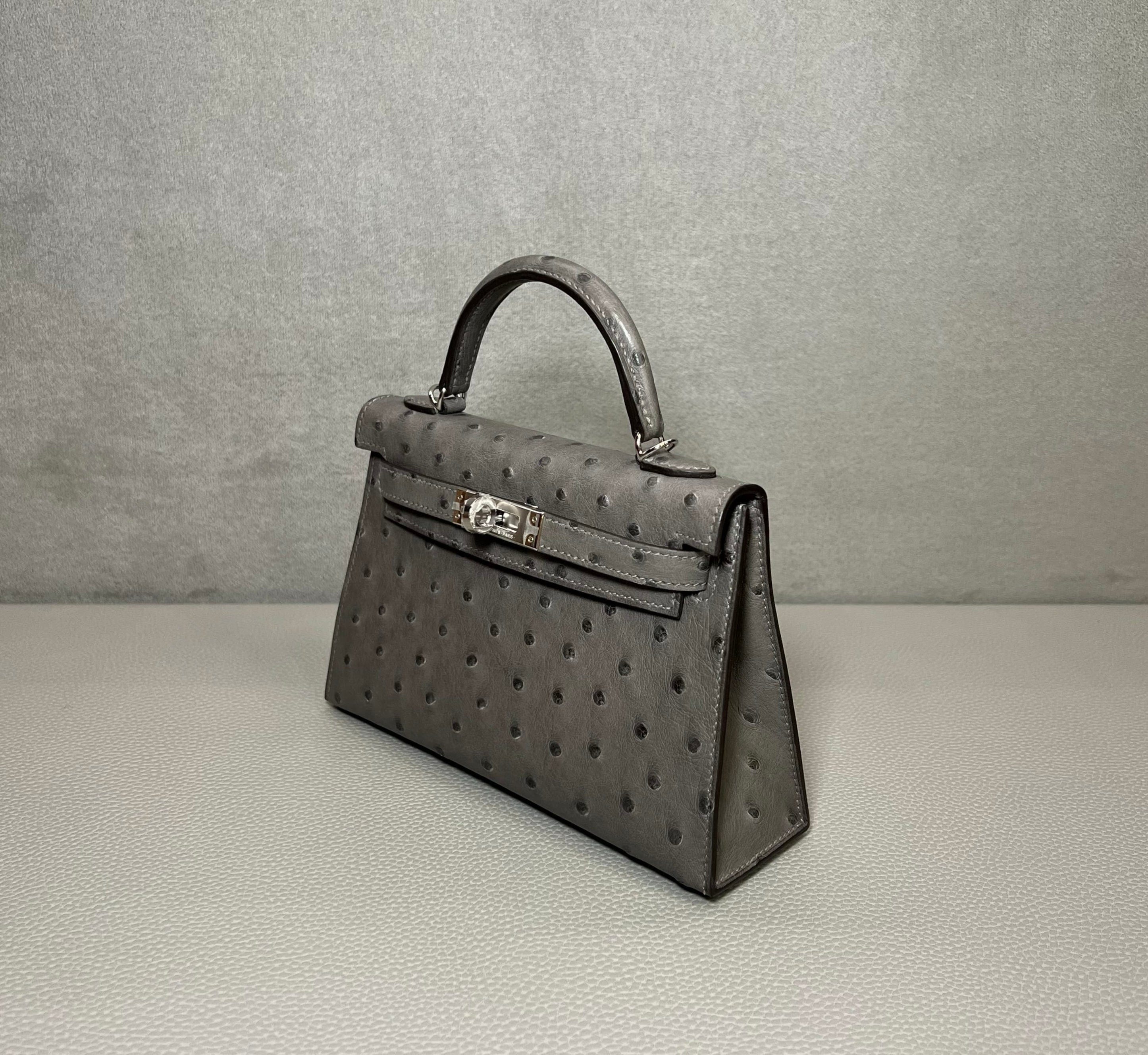 Hermès Gris Meyer Mini Kelly Sellier 20 Ostrich Palladium Hardware