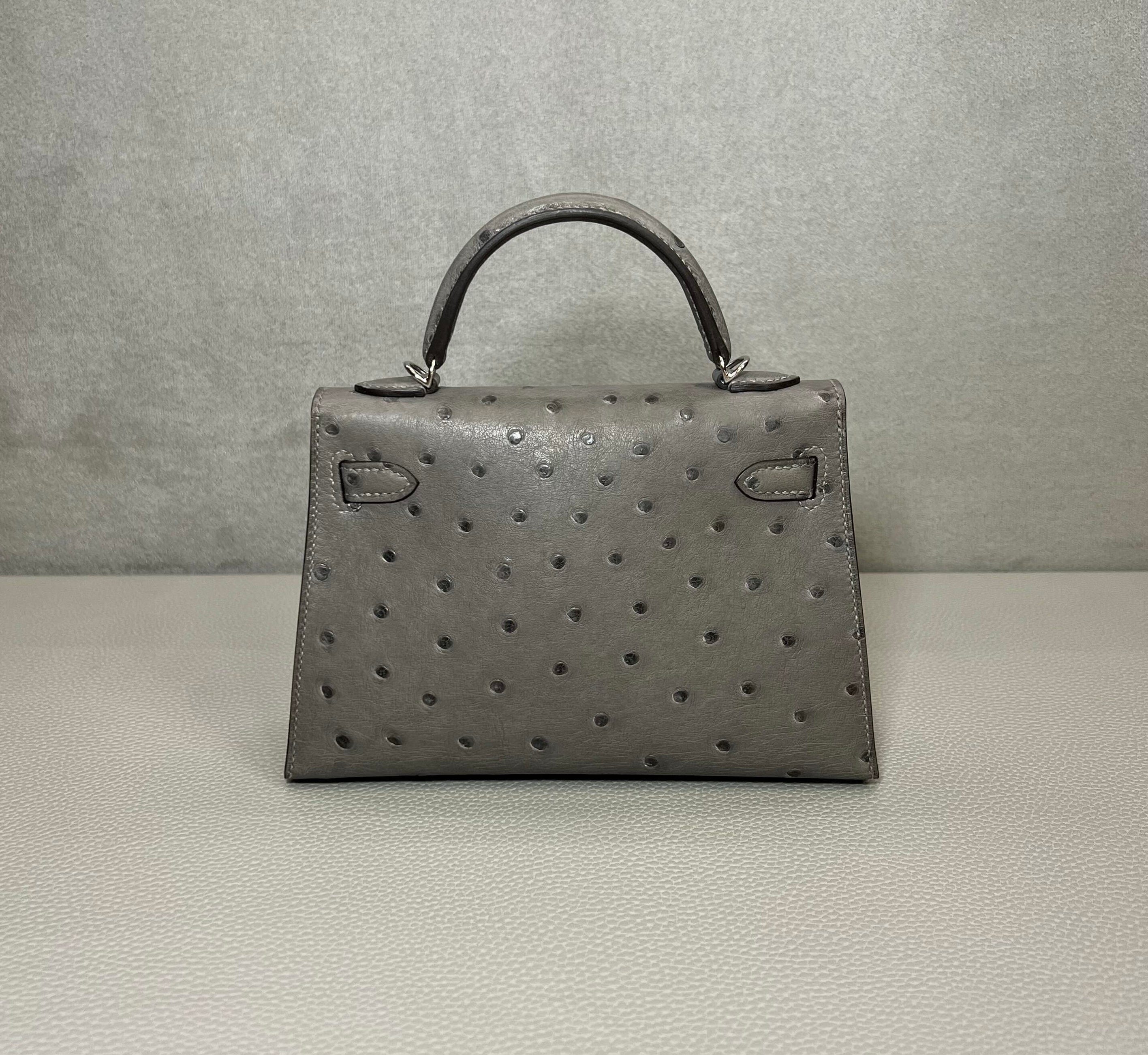 Hermès Gris Meyer Mini Kelly Sellier 20 Ostrich Palladium Hardware