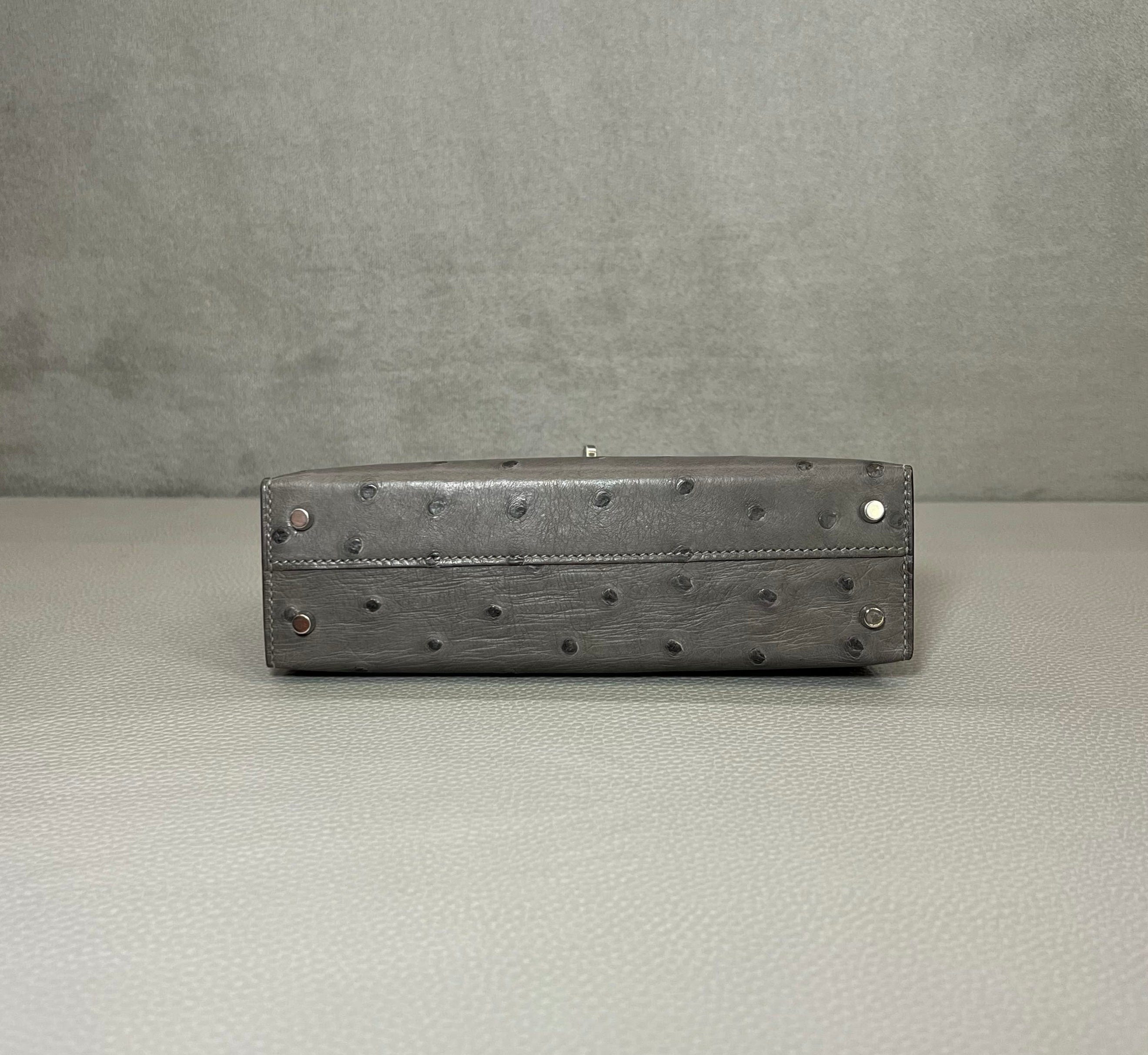 Hermès Gris Meyer Mini Kelly Sellier 20 Ostrich Palladium Hardware