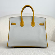 Hermès Gris Perle and Jaune Amber Birkin 25 Chèvre Mysore Brushed Gold Hardware HSS