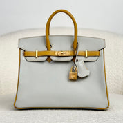 Hermès Gris Perle and Jaune Amber Birkin 25 Chèvre Mysore Brushed Gold Hardware HSS