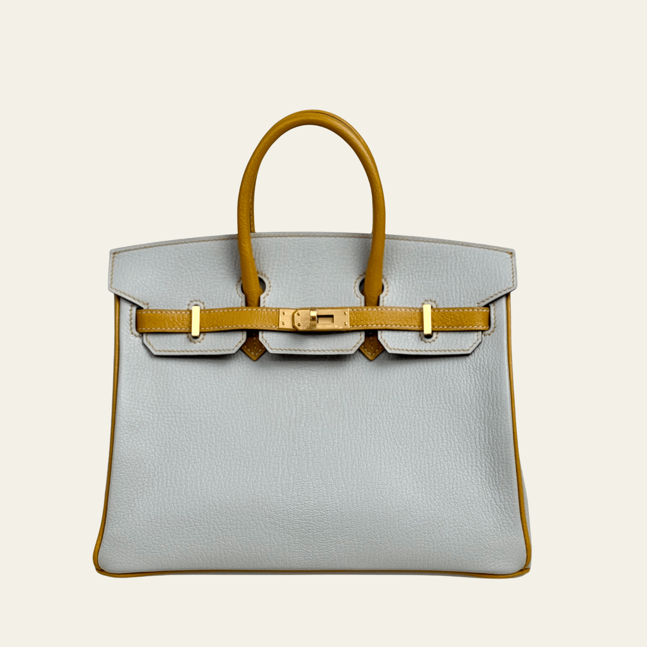 Hermès Gris Perle and Jaune Amber Birkin 25 Chèvre Mysore Brushed Gold Hardware HSS