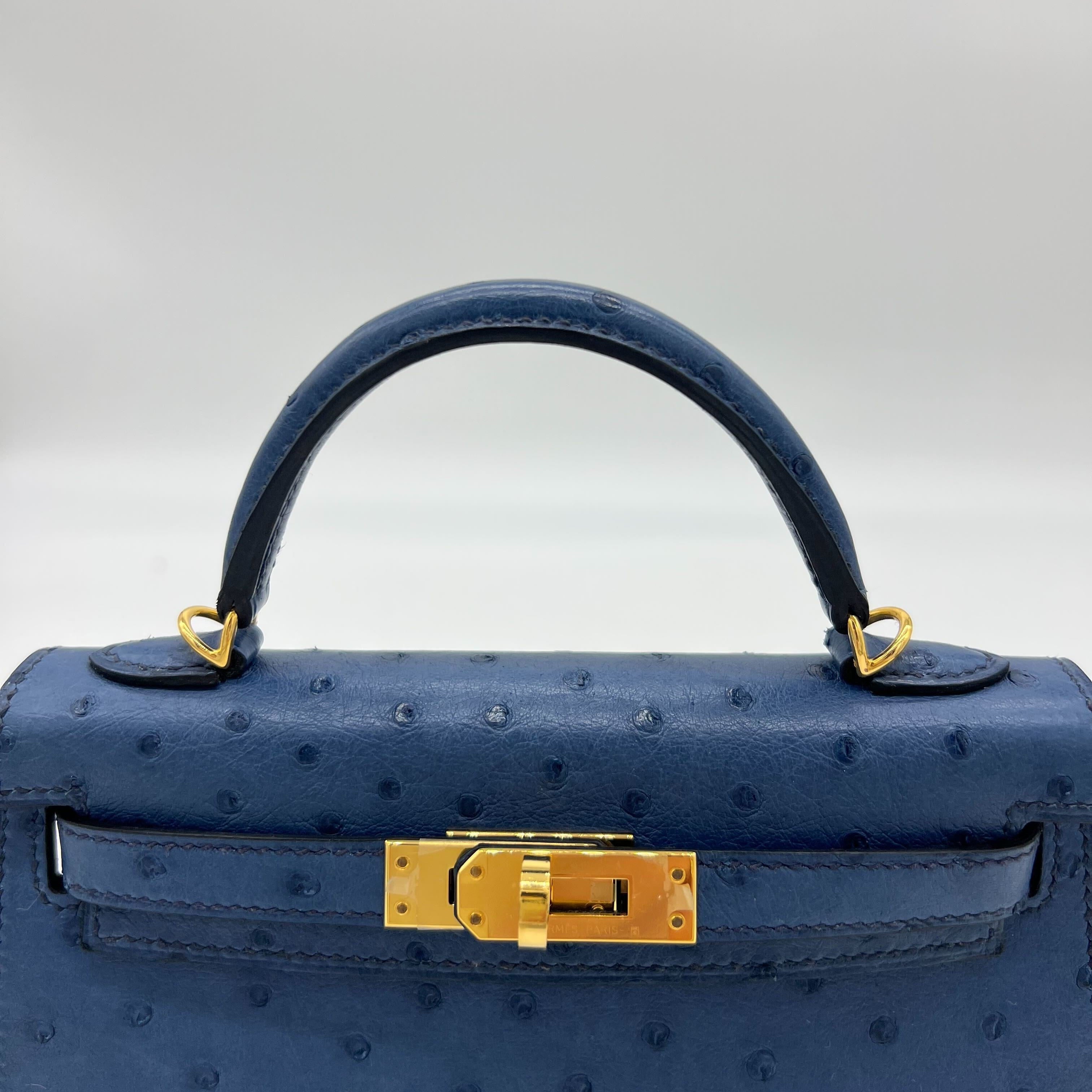 Hermes Kelly 20 Bleu Roy Ostrich Gold Hardware Wrist Aficionado